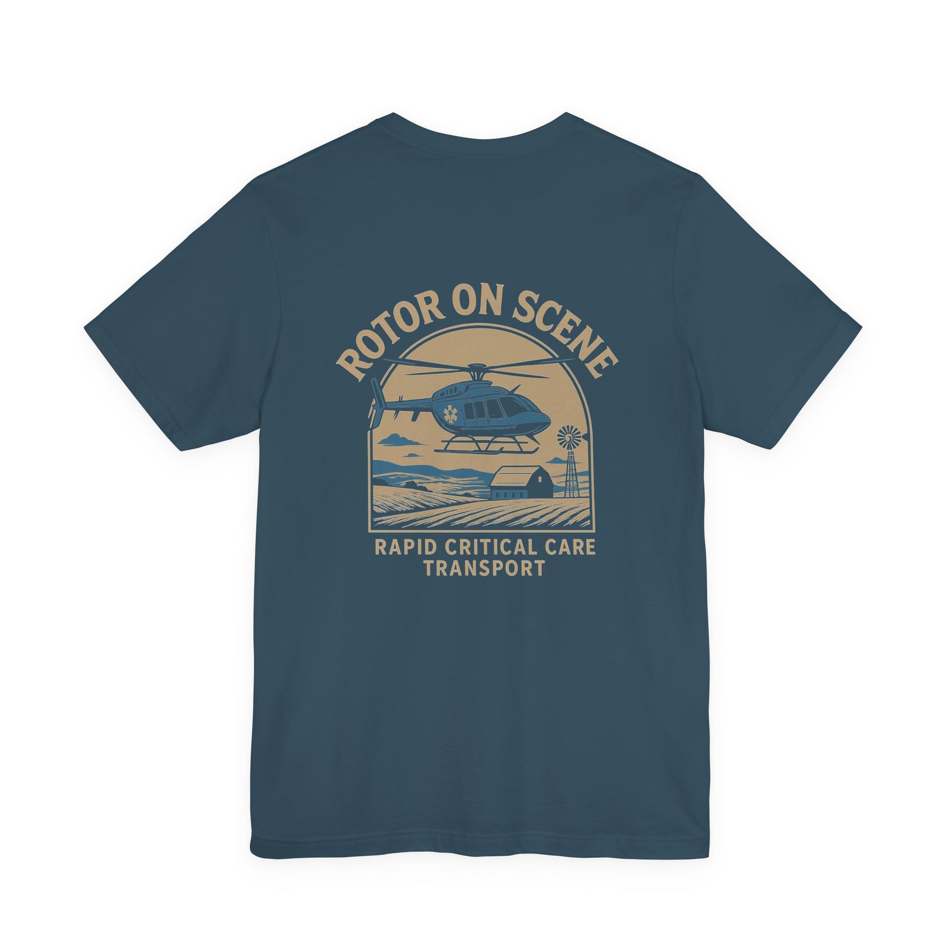 Deep teal t-shirt with helicopter graphic and text "Rotor on scene; Rapid Critical Care Transport" on the back, on a white background
