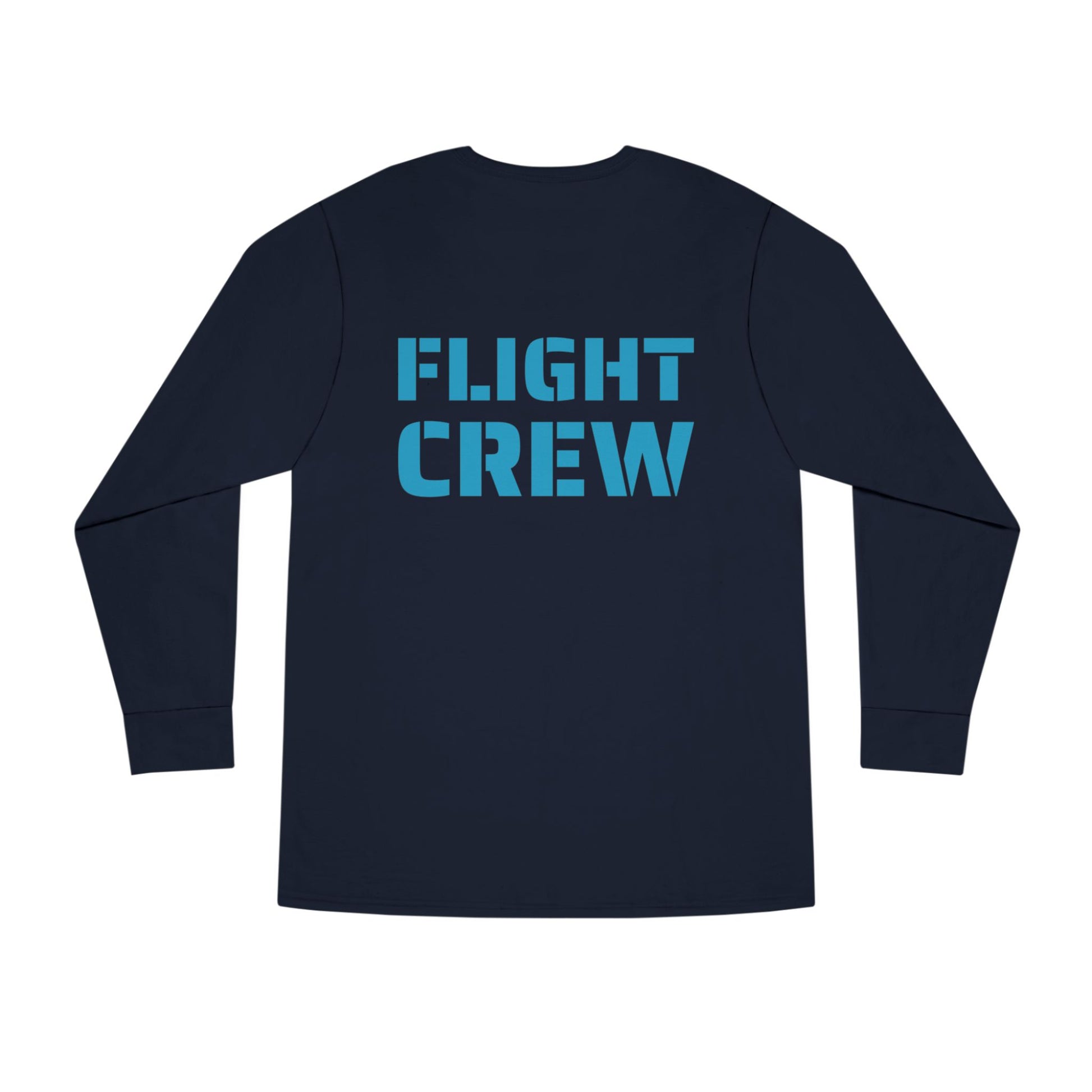 Navy long-sleeve shirt with 'FLIGHT CREW' stencil text by Rotor Wash & Wear