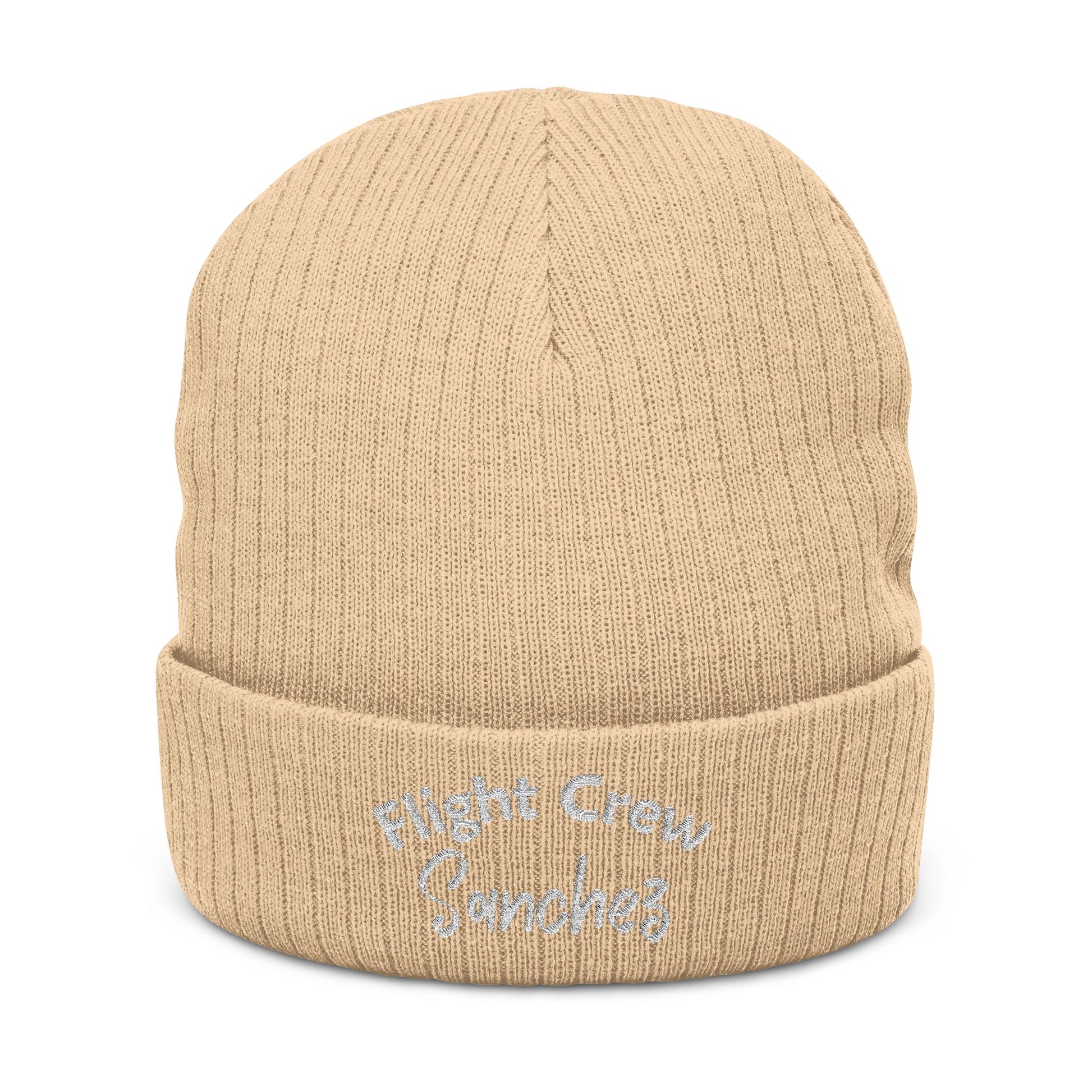 Beige beanie with 'Flight Crew Sanchez' embroidery on a white background