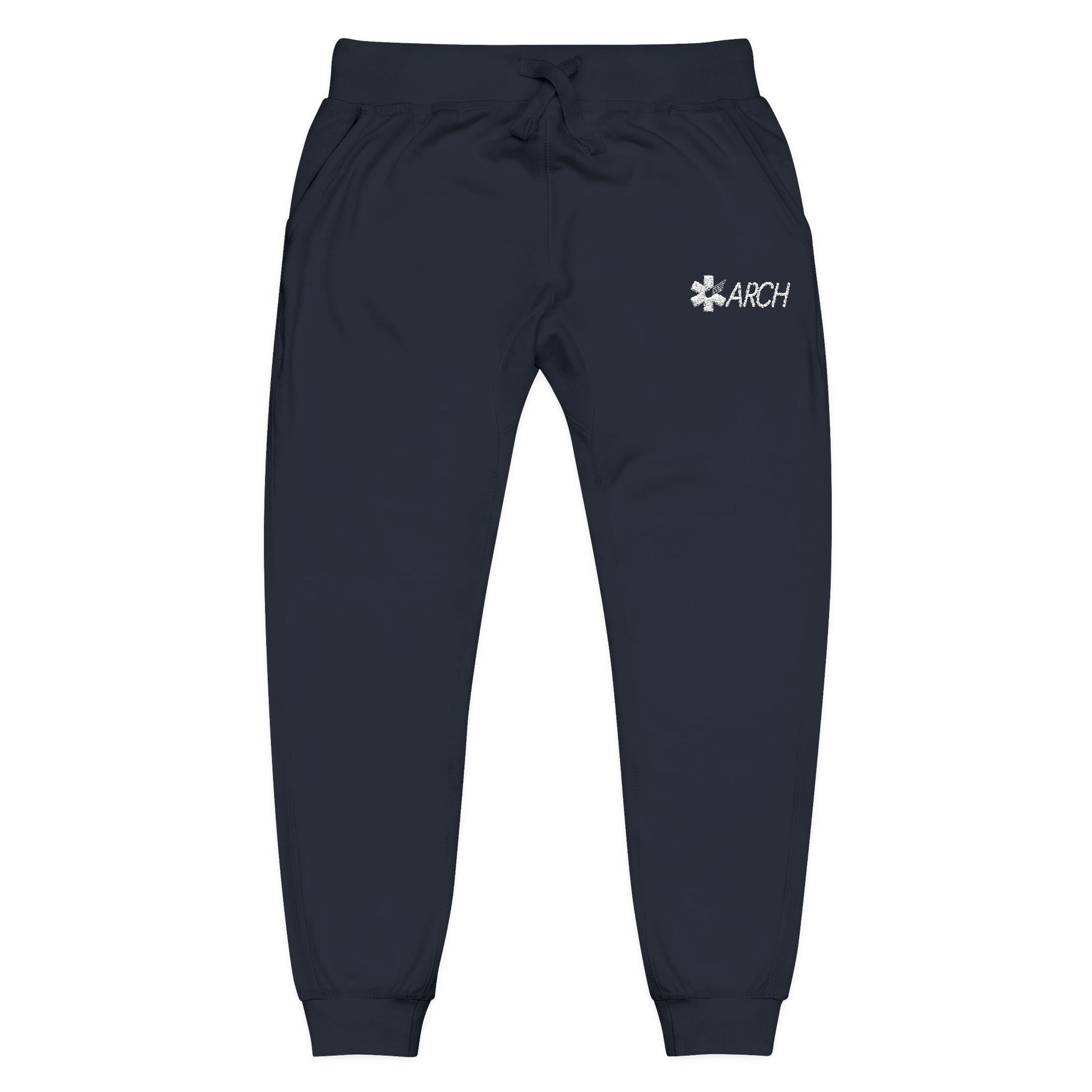 Navy blue joggers with embroidered ARCH logo by Rotor Wash & Wear