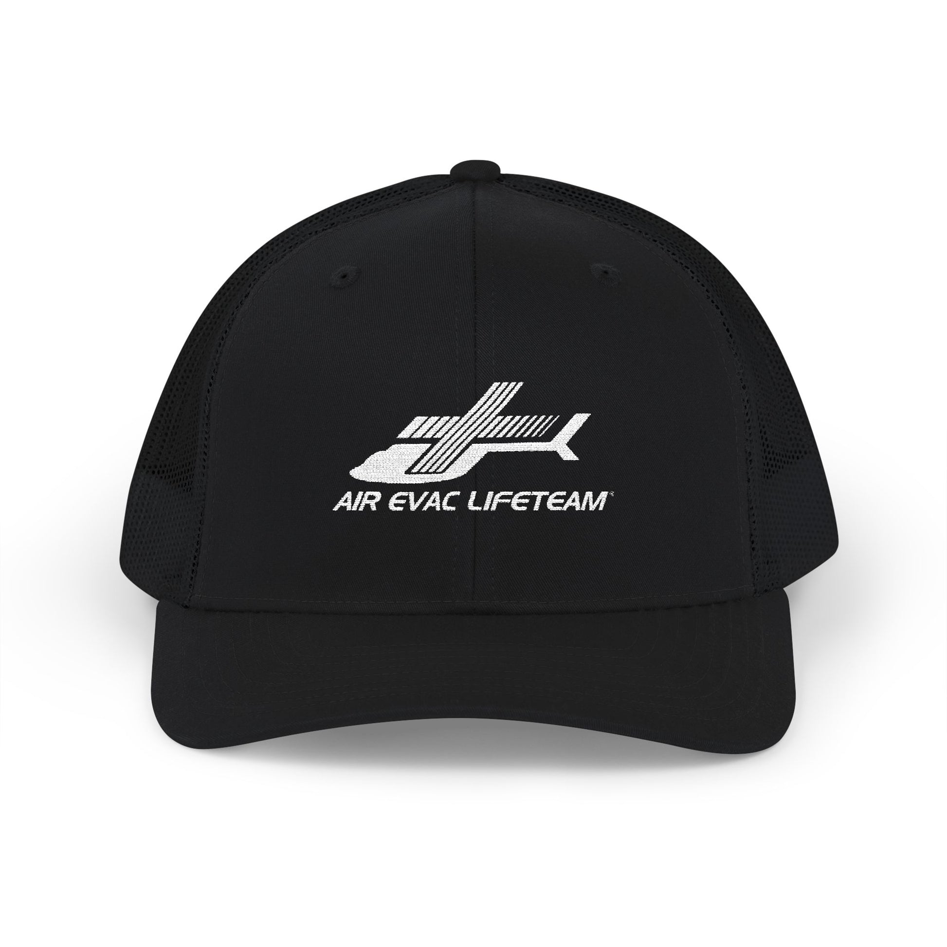 Black Richardson 112 trucker hat with 'Air Evac Lifeteam' logo by Rotor Wash & Wear