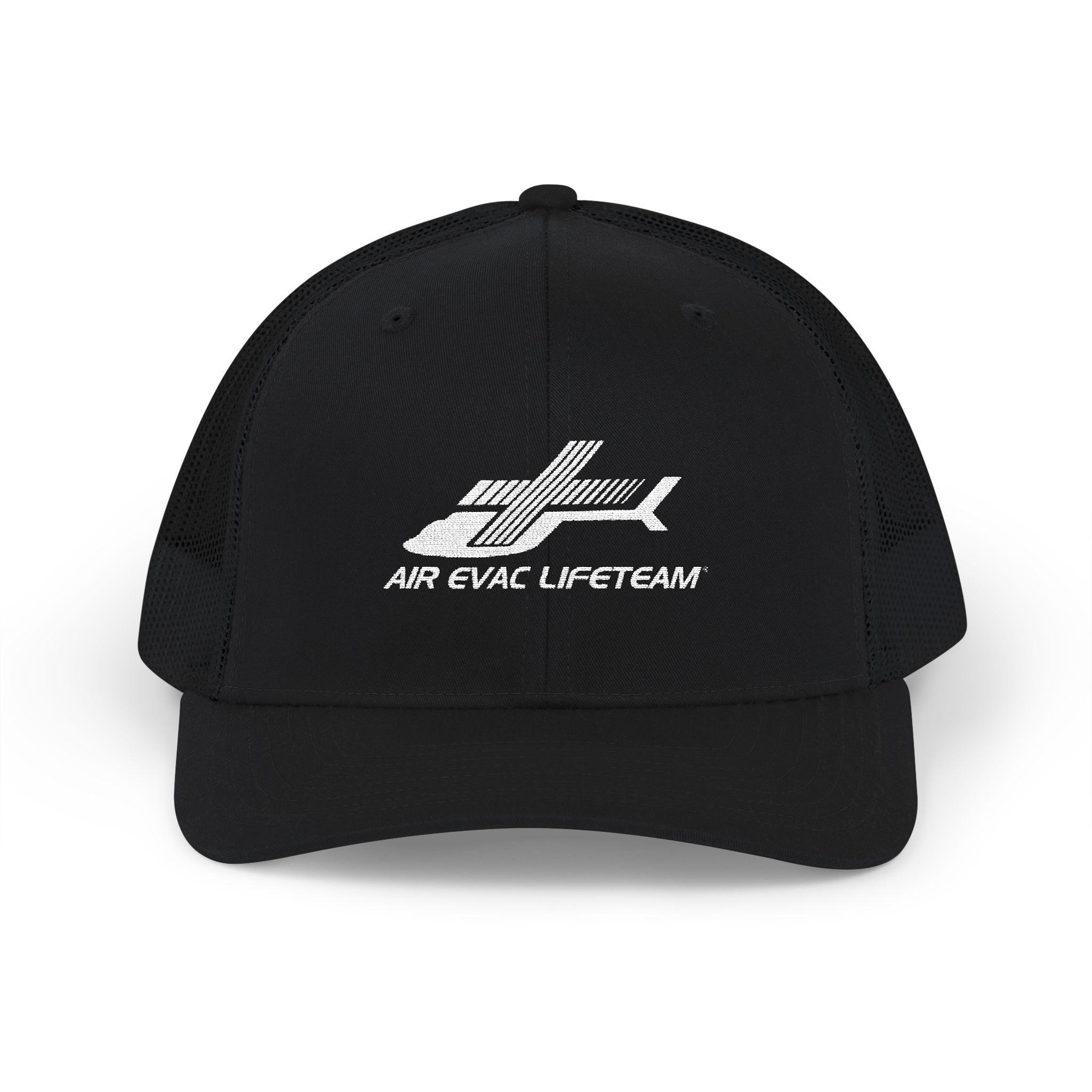 Black Richardson 112 trucker hat with 'Air Evac Lifeteam' logo by Rotor Wash & Wear