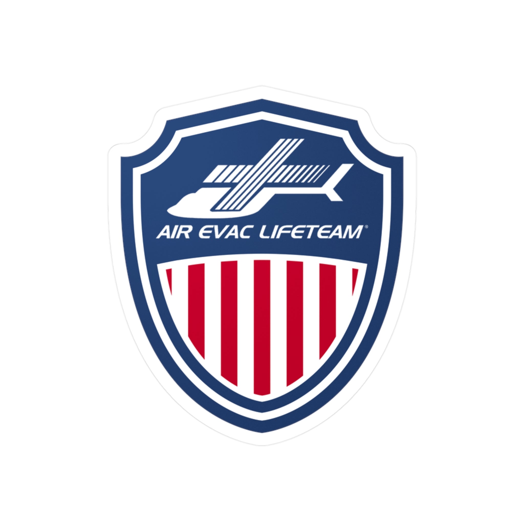 Sticker of an Air Evac Lifeteam logo on a patriotic shield by Rotor Wash & Wear