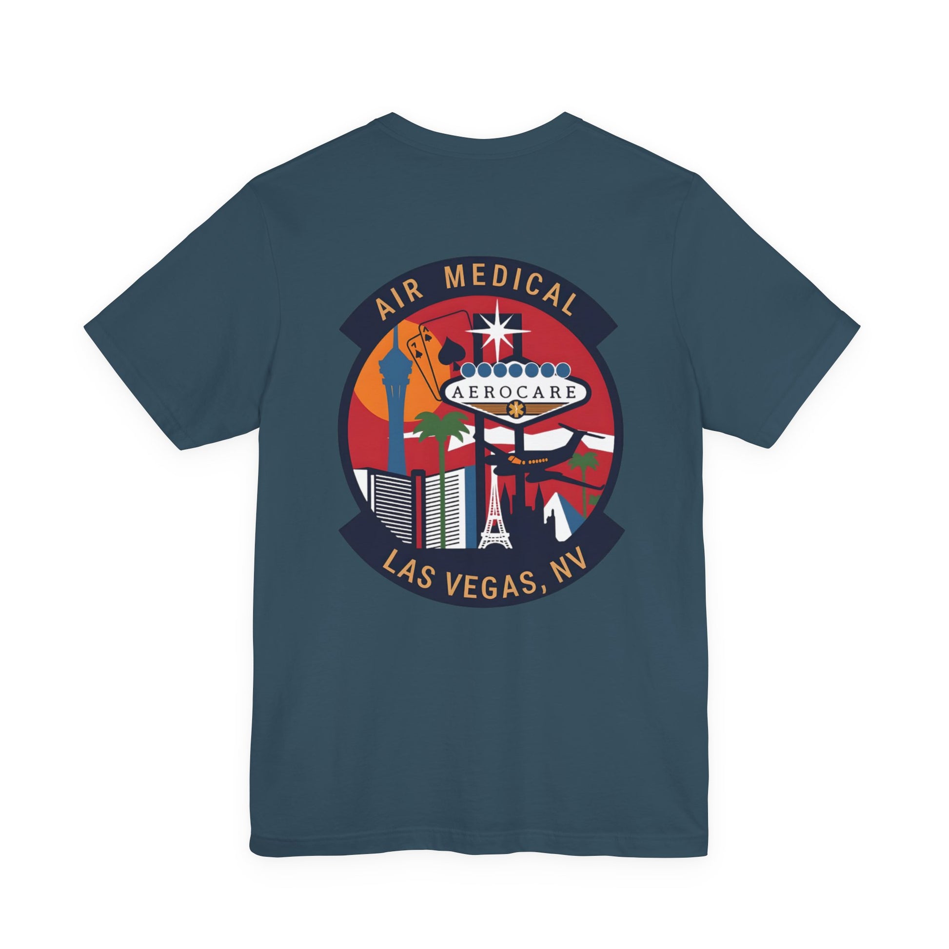 Teal t-shirt with Air Medical Aerocare Las Vegas, NV logo on a white background