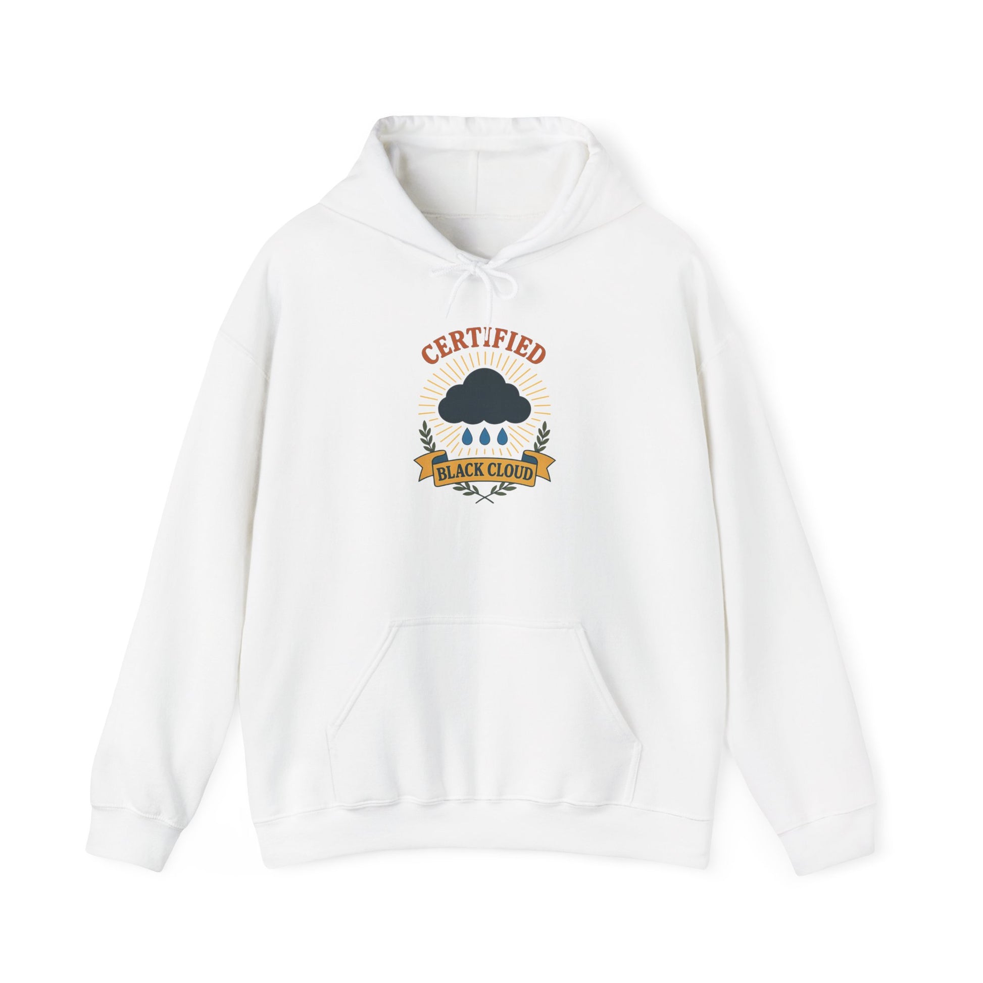 White hoodie with 'Certified Black Cloud' graphic on a white background