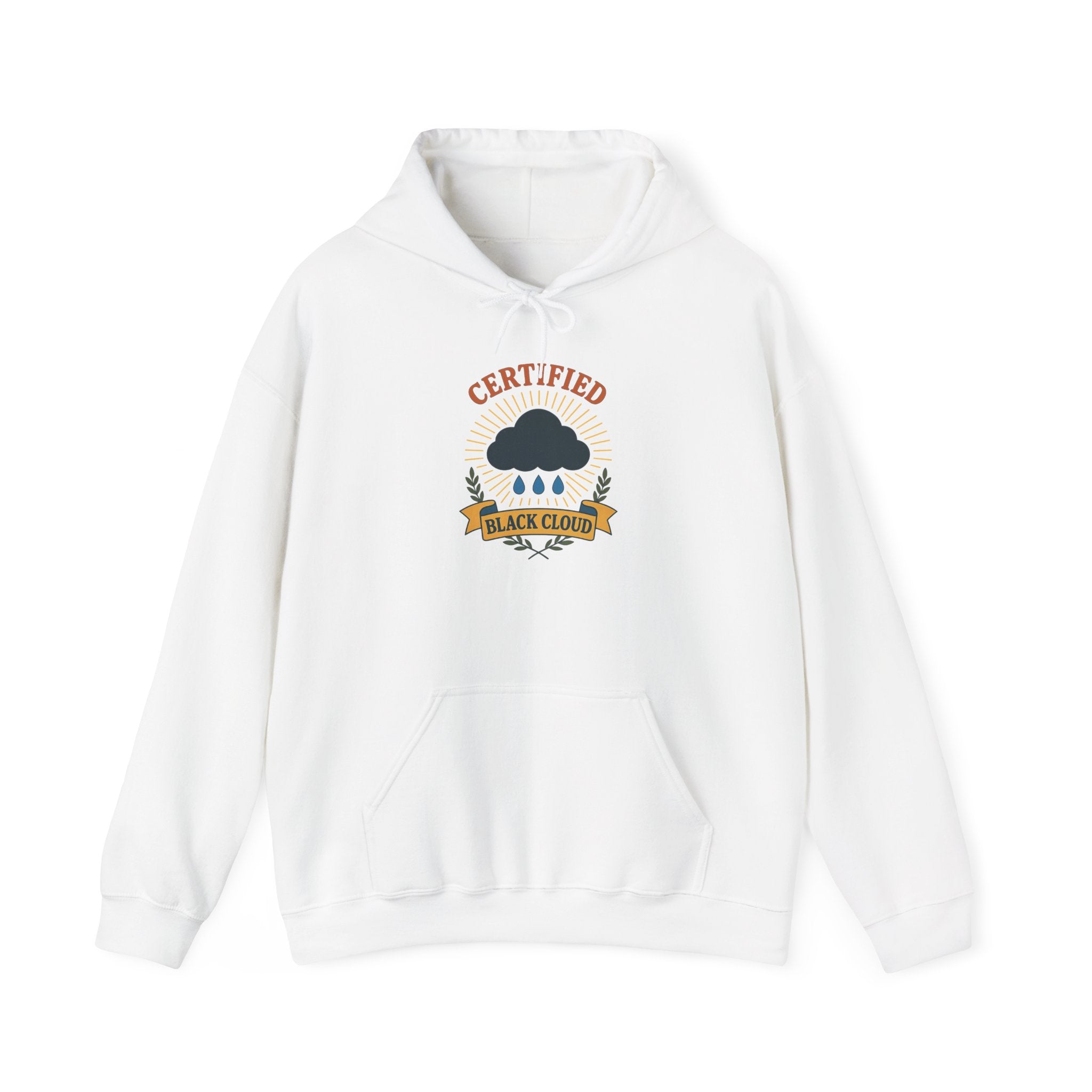 White hoodie with 'Certified Black Cloud' graphic on a white background