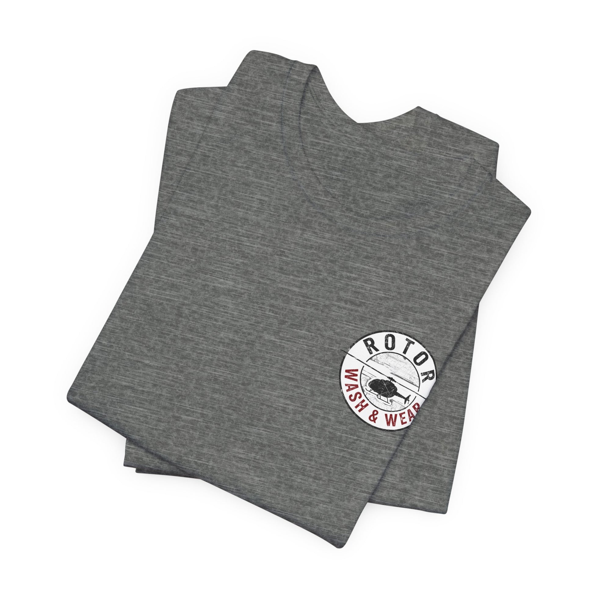 Folded gray t-shirt with a white logo "Rotor Wash & Wear" on a white background