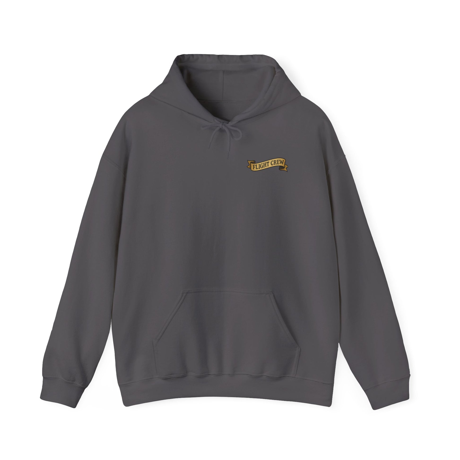 Gray hoodie with a small ribbon on the chest with the text "flight crew" against a white background