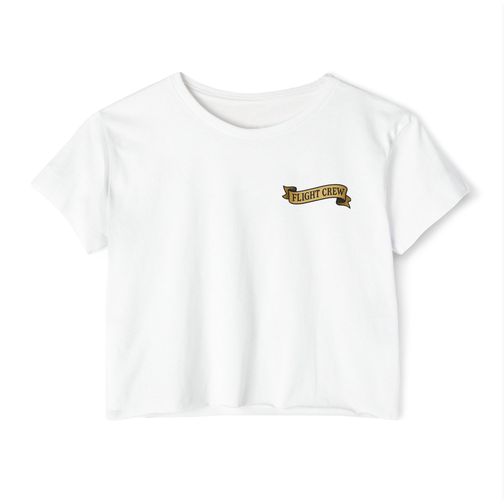 White crop top with 'FLIGHT CREW' text on a white background