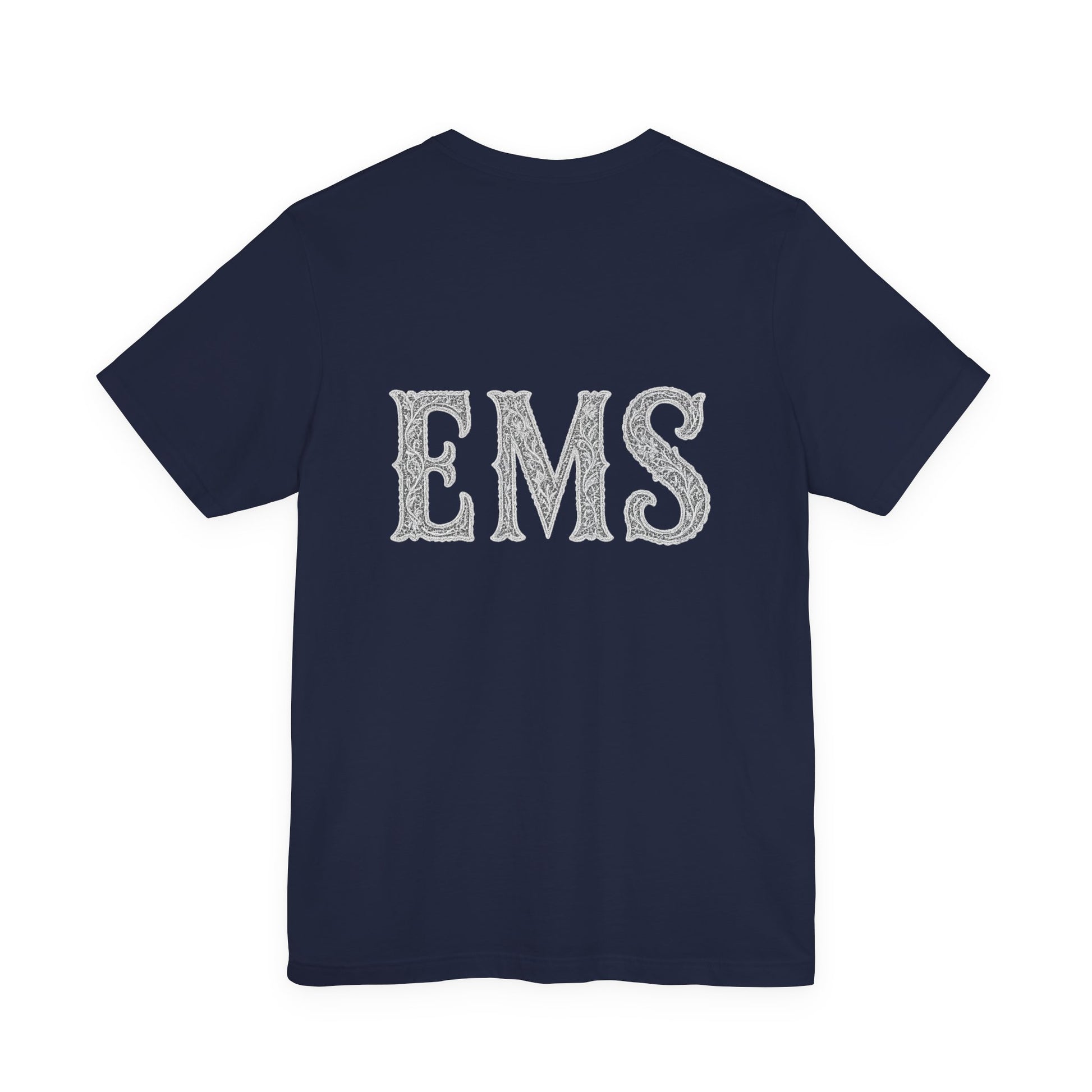 Navy blue t-shirt with lacy 'EMS' text on the back against a white background