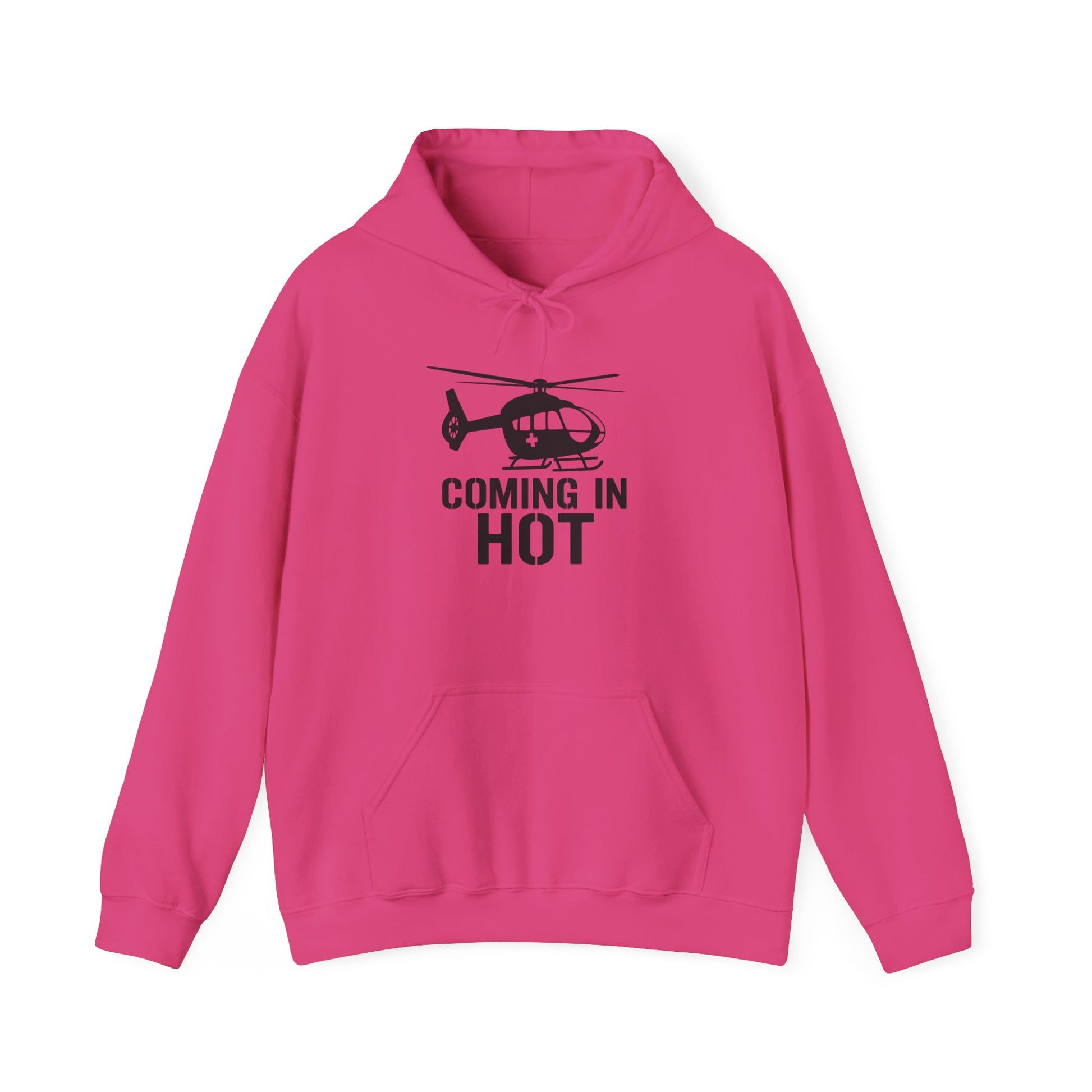Pink hoodie with helicopter graphic and text 'COMING IN HOT' on a white background
