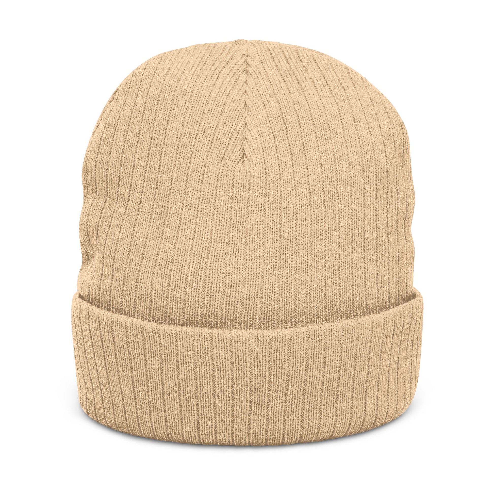 Beige knit beanie on a white background