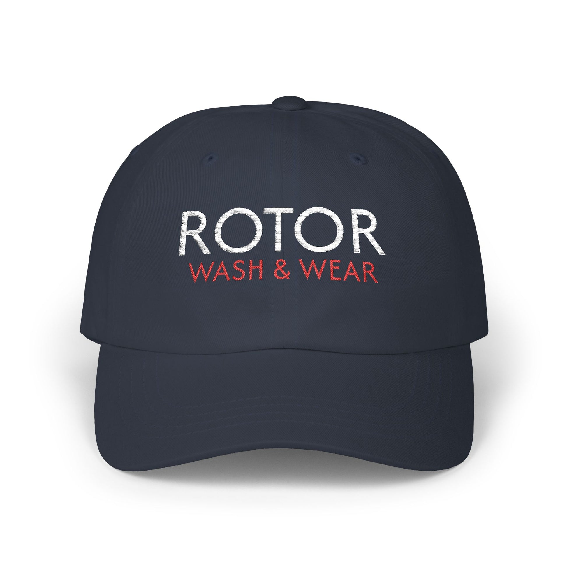 Navy blue cap with 'ROTOR WASH & WEAR' text on a white background