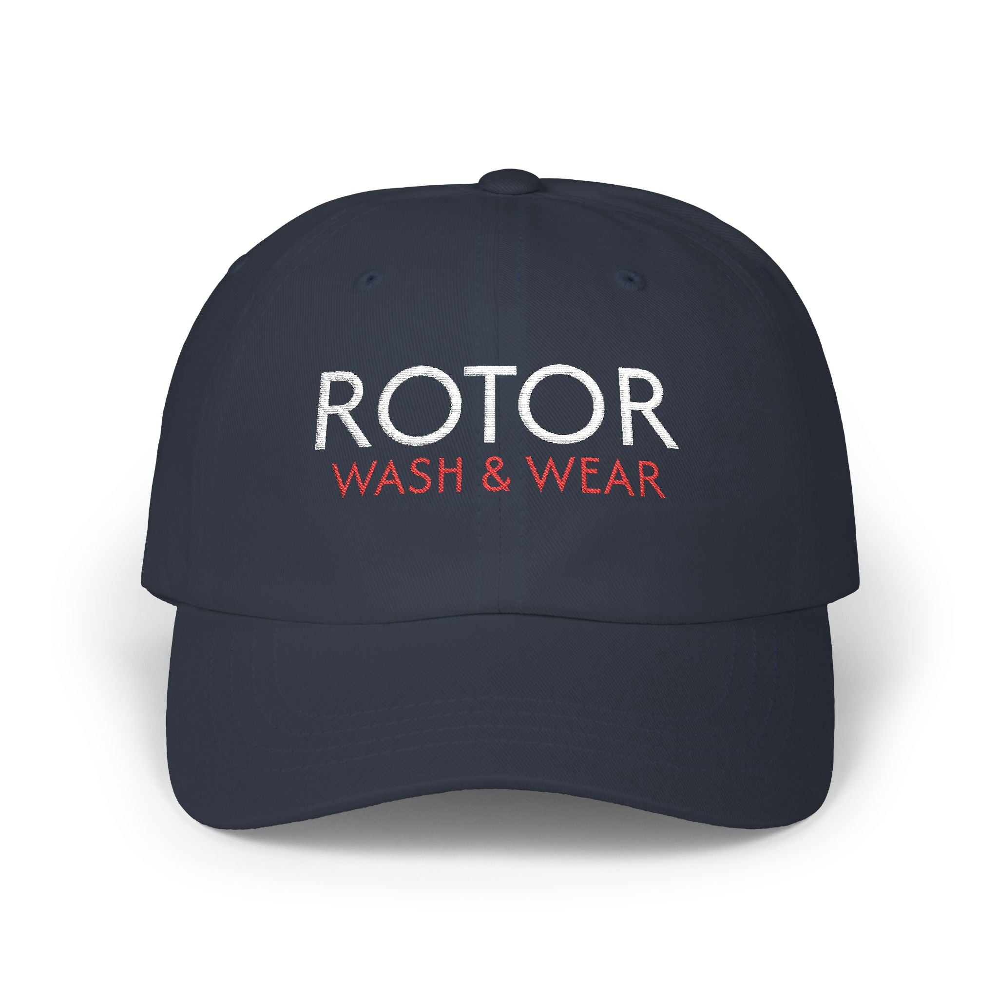 Navy blue cap with 'ROTOR WASH & WEAR' text on a white background