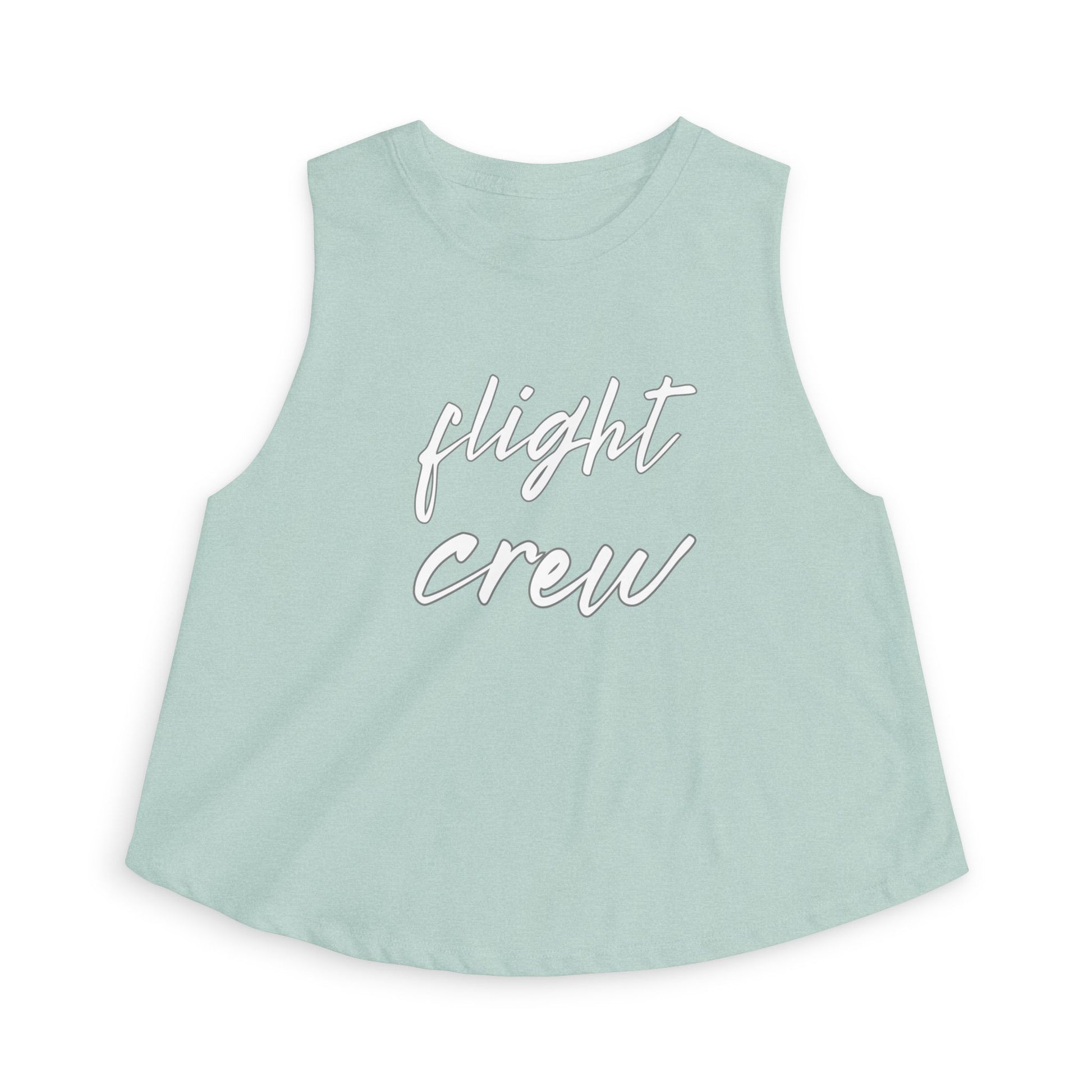 Light green sleeveless top with 'flight crew' text in white by Rotor Wash & Wear