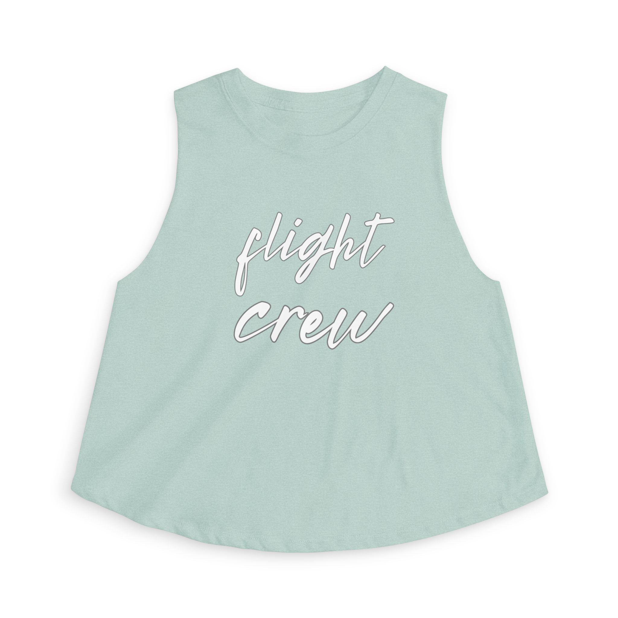 Light green sleeveless top with 'flight crew' text in white by Rotor Wash & Wear