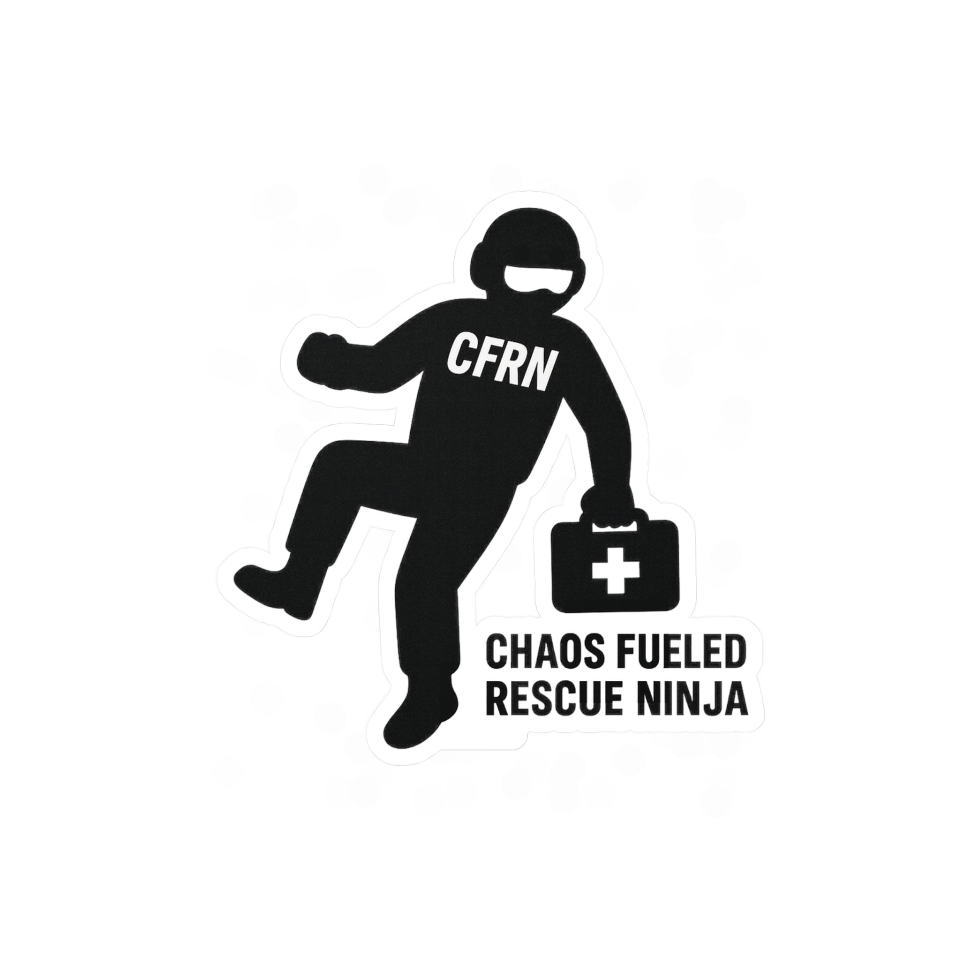 Black silhouette of a flight nurse labeled 'CFRN' with a first aid kit, text 'Chaos Fueled Rescue Ninja' on a white background.