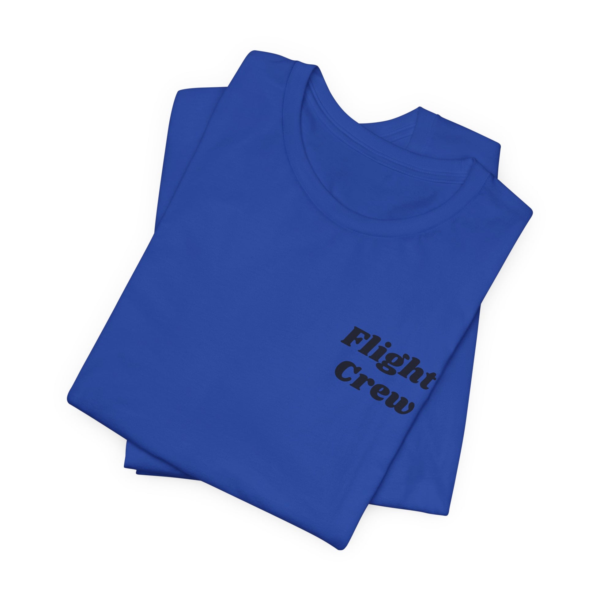 Folded blue t-shirt with 'Flight Crew' text on a white background