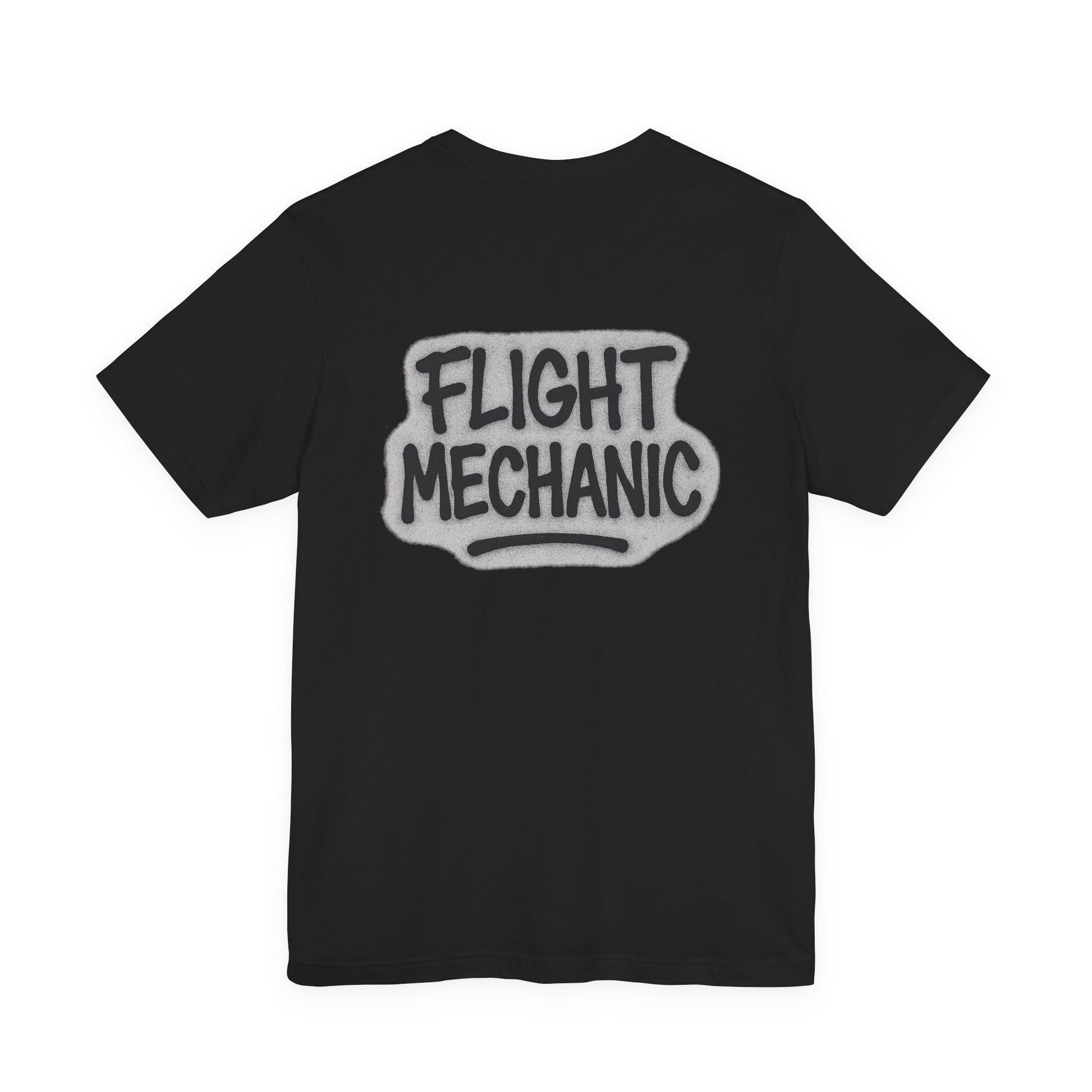 Black t-shirt with graffiti style 'FLIGHT MECHANIC' text on the back against a white background