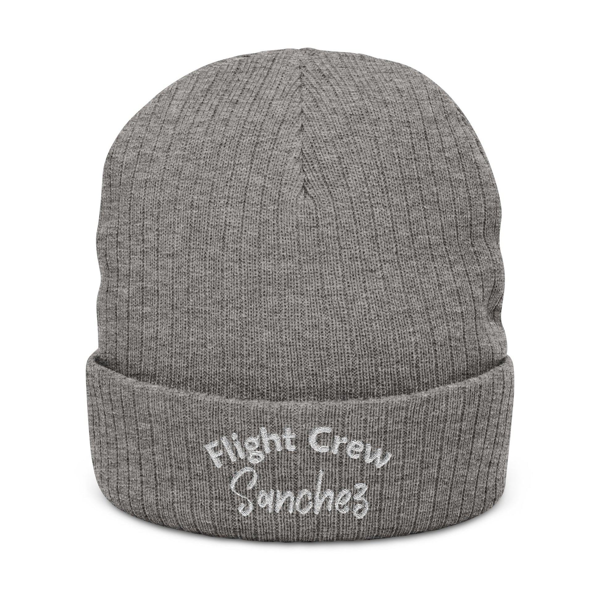 Gray beanie with 'Flight Crew Sanchez' embroidery on a white background