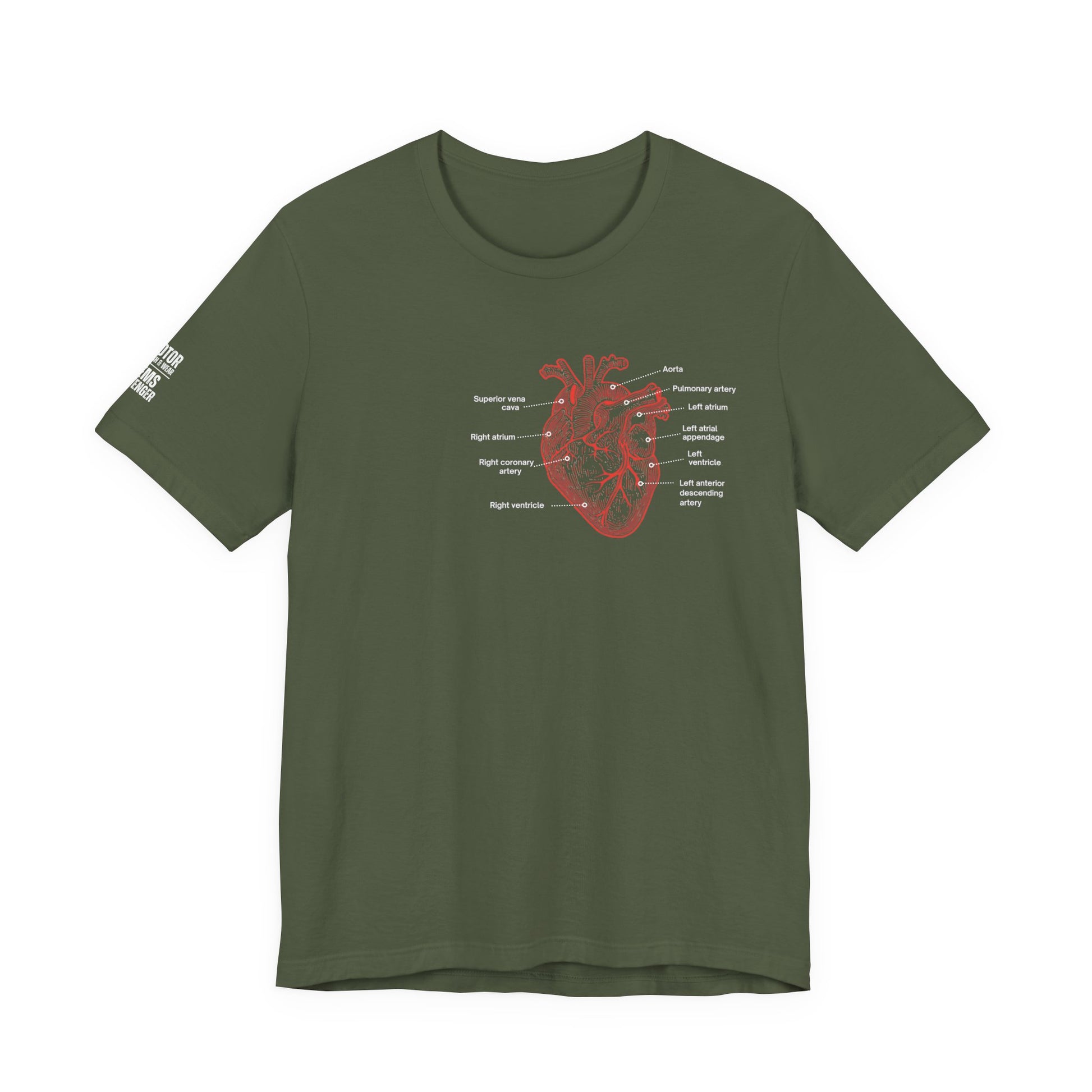 Green t-shirt with a red anatomical heart design by Rotor Wash & Wear and EMS Avenger