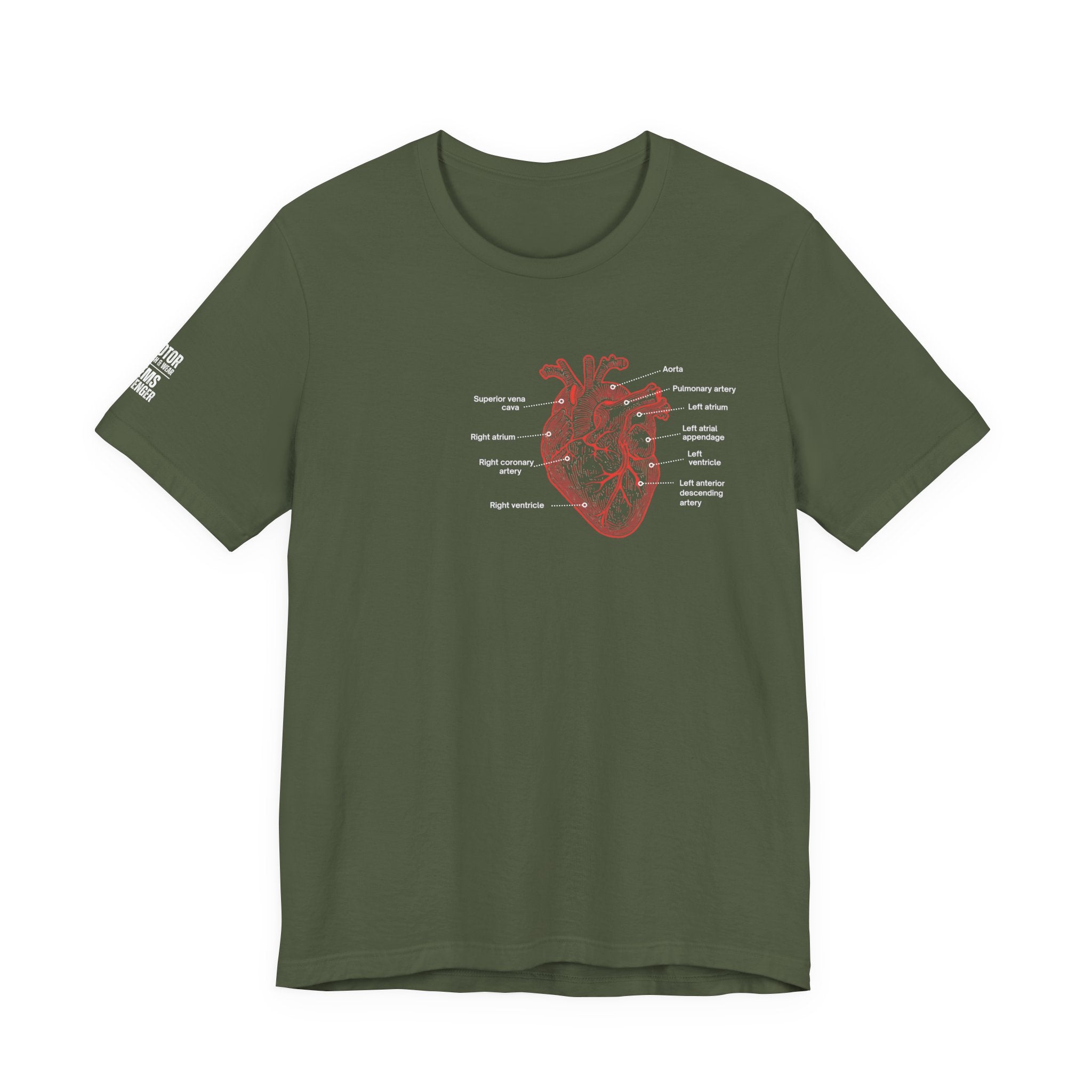 Green t-shirt with a red anatomical heart design by Rotor Wash & Wear and EMS Avenger