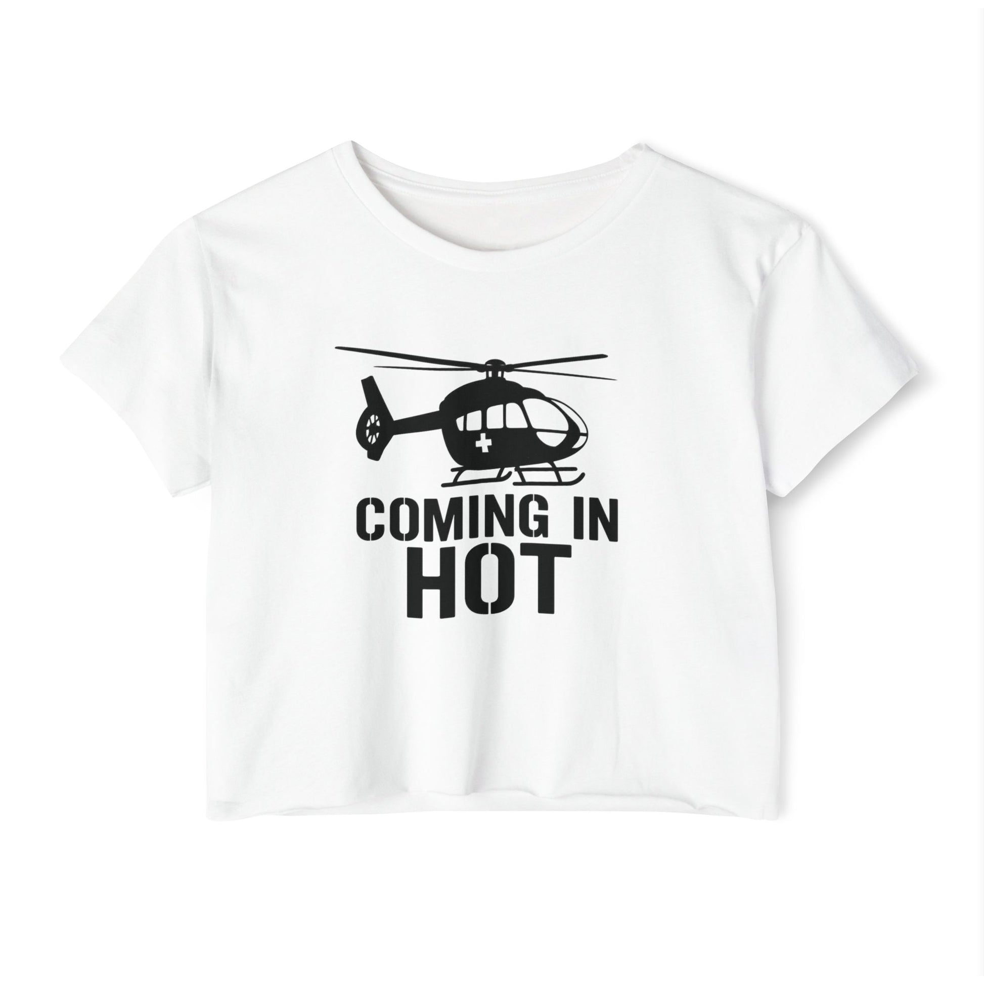 White crop top with helicopter graphic and text 'COMING IN HOT' on a white background