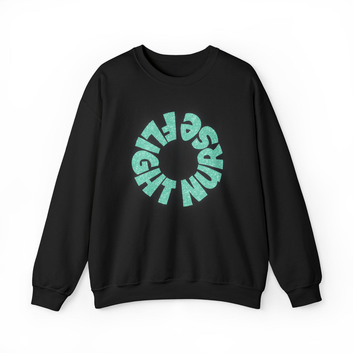 A black crewneck sweatshirt featuring a circular graphic on the chest with the words 'FLIGHT NURSE' in a glittery mint green font by Rotor Wash & Wear