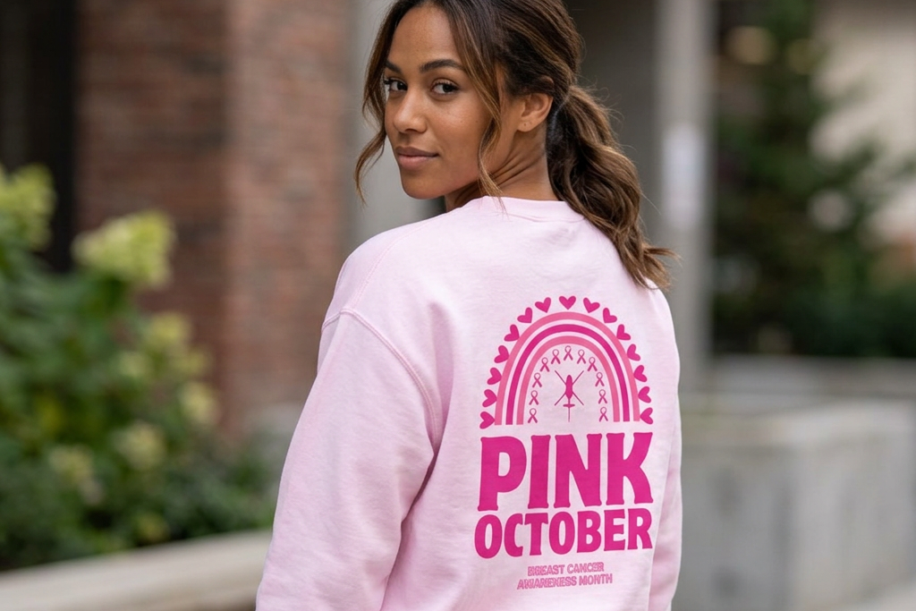 A woman wearing a light pink crewneck sweatshirt with a large pink graphic on the back featuring a helicopter and reading 'PINK OCTOBER ; breast cancer awareness month', photographed outdoors on a sidewalk with a blurred brick building and greenery in the background.