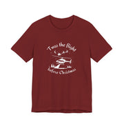 Maroon t-shirt with helicopter graphic and Santa and his sleigh in the background with text "'Twas the flight before Christmas" by Rotor Wash & Wear
