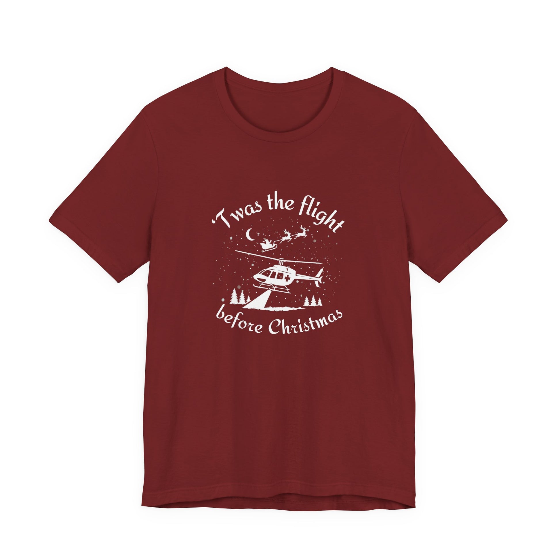 Maroon t-shirt with helicopter graphic and Santa and his sleigh in the background with text "'Twas the flight before Christmas" by Rotor Wash & Wear