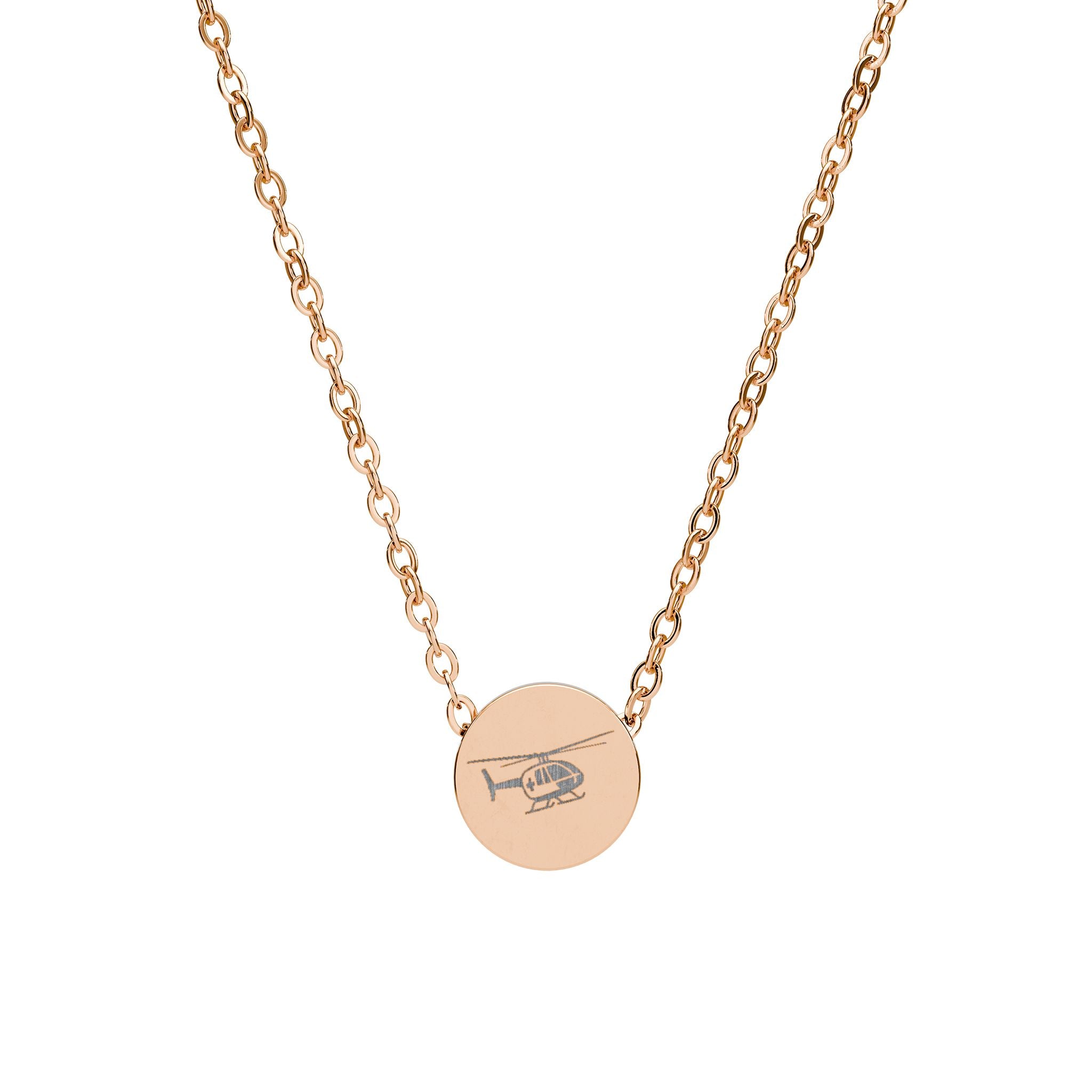 Rose gold necklace with a round pendant featuring a helicopter design on a white background
