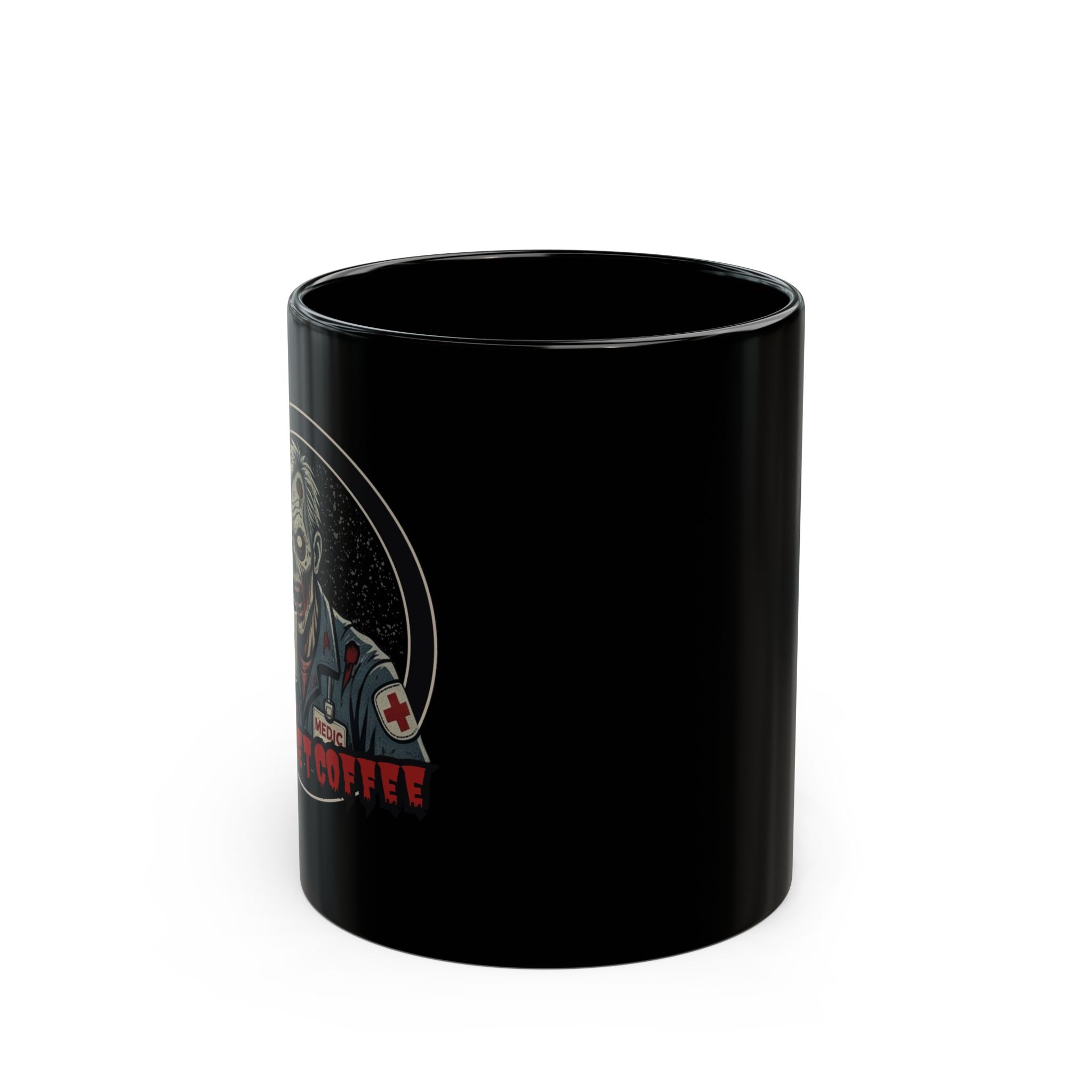 A black ceramic coffee mug featuring a zombie medic graphic holding a coffee mug, with the text 'MUST GET COFFEE' in red below by Rotor Wash & Wear