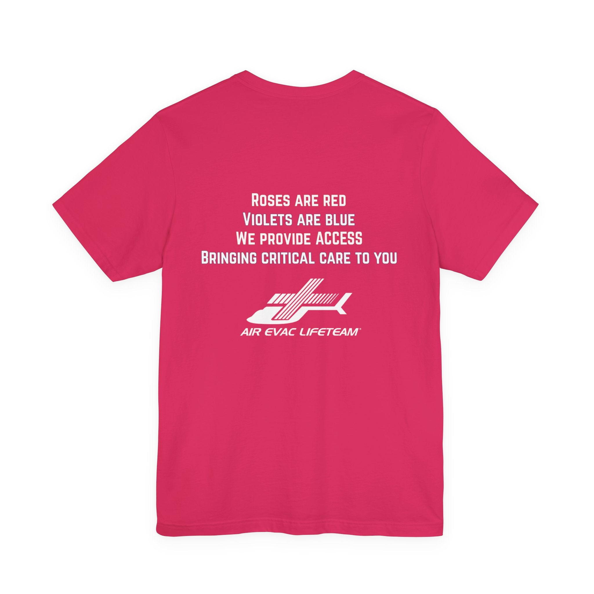 Pink t-shirt with Valentine's day poem and Air Evac Lifeteam logo on a white background