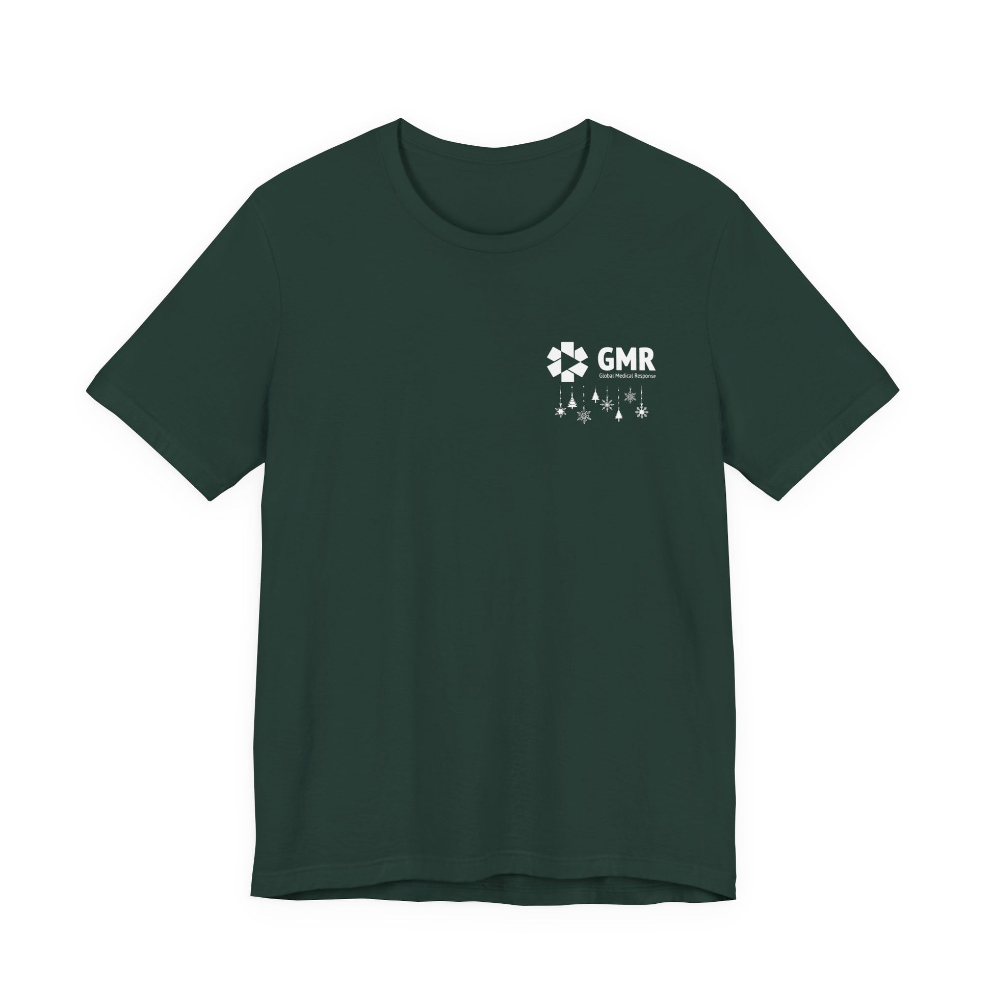 Green t-shirt with GMR logo and Christmas ornaments by Rotor Wash & Wear