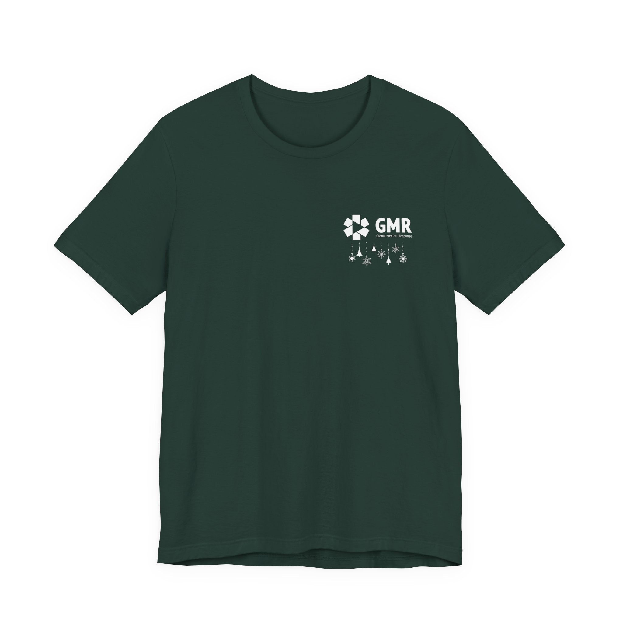 Green t-shirt with GMR logo and Christmas ornaments by Rotor Wash & Wear