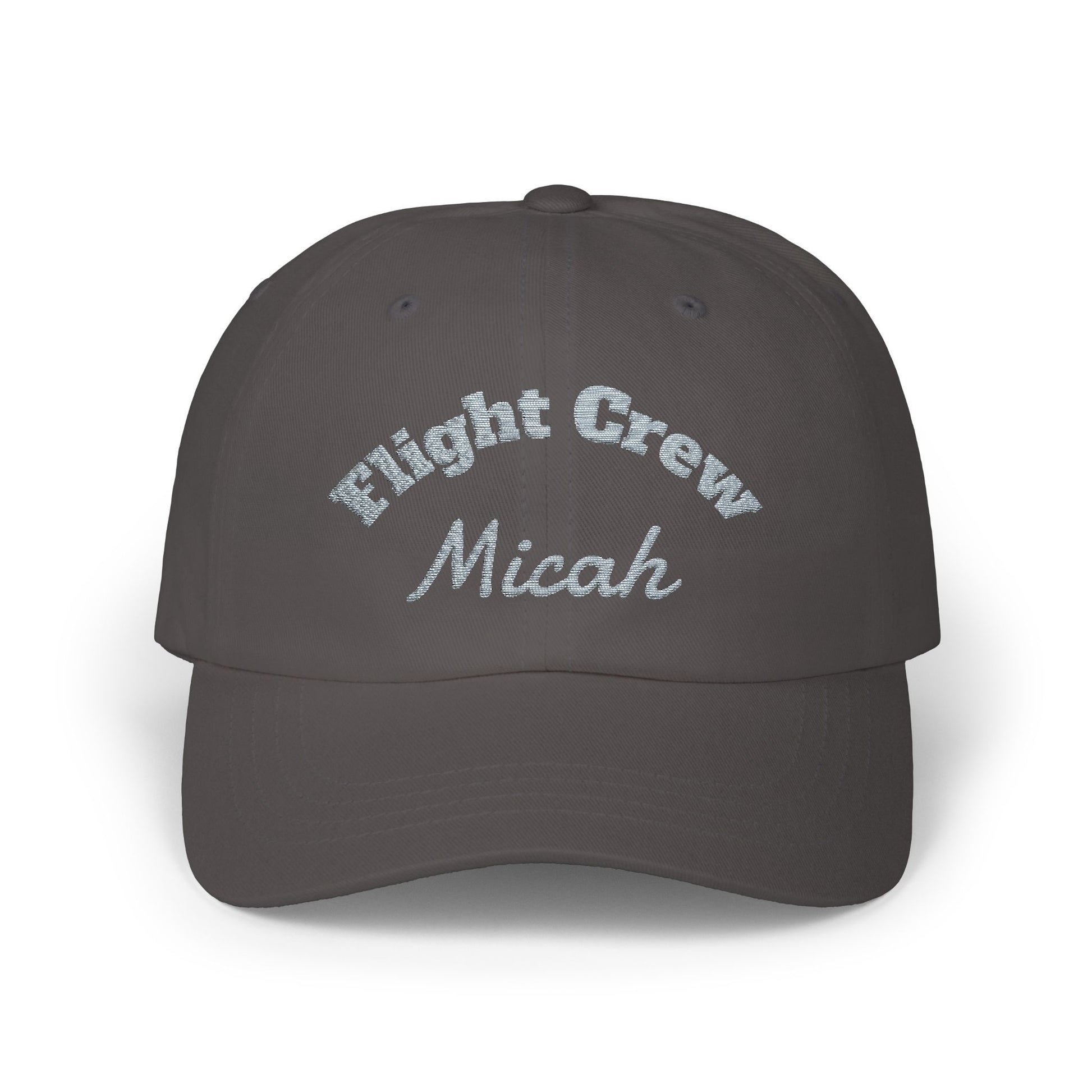 Dark gray cap with 'Flight Crew Micah' text on a white background