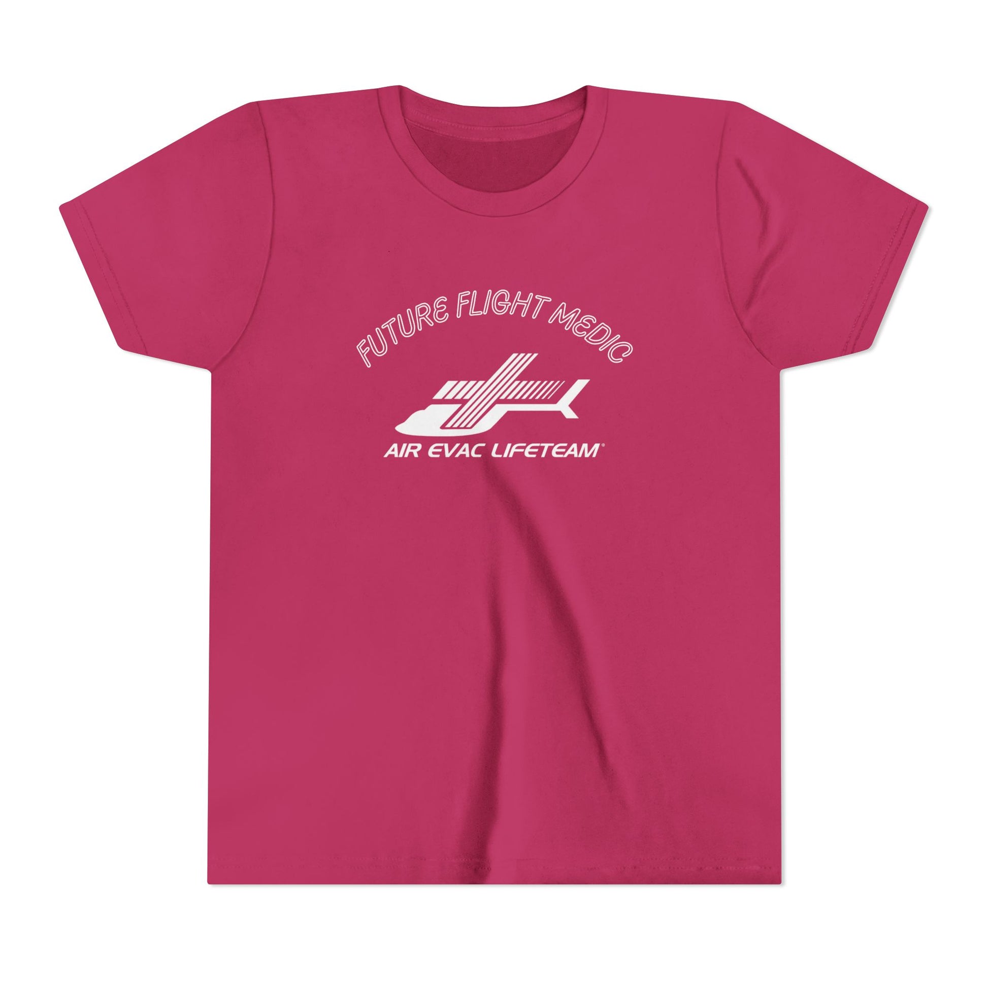 Pink kid's t-shirt with Air Evac Lifeteam logo and text "Future Flight Medic" by Rotor Wash & Wear