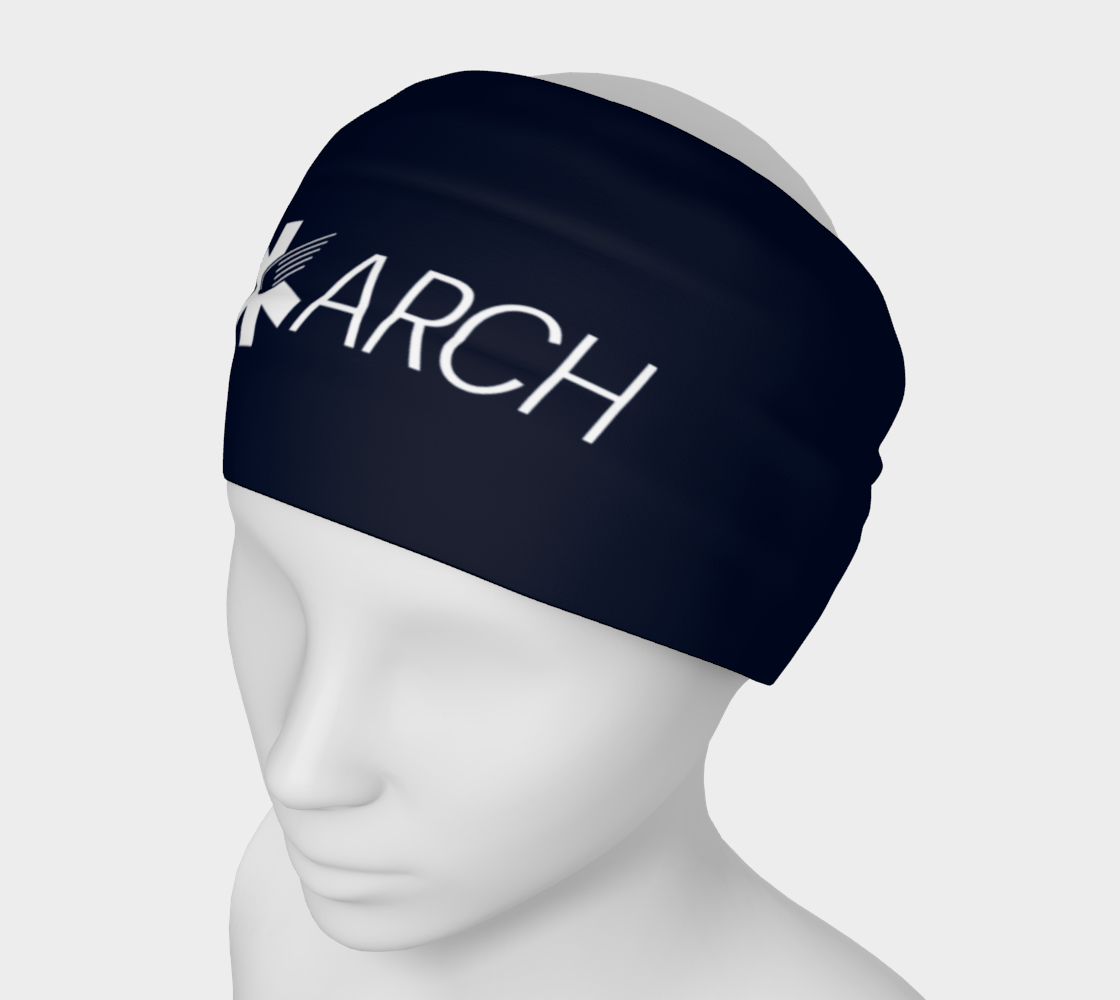 Dark navy blue headband with 'ARCH' logo on a mannequin head against a white background
