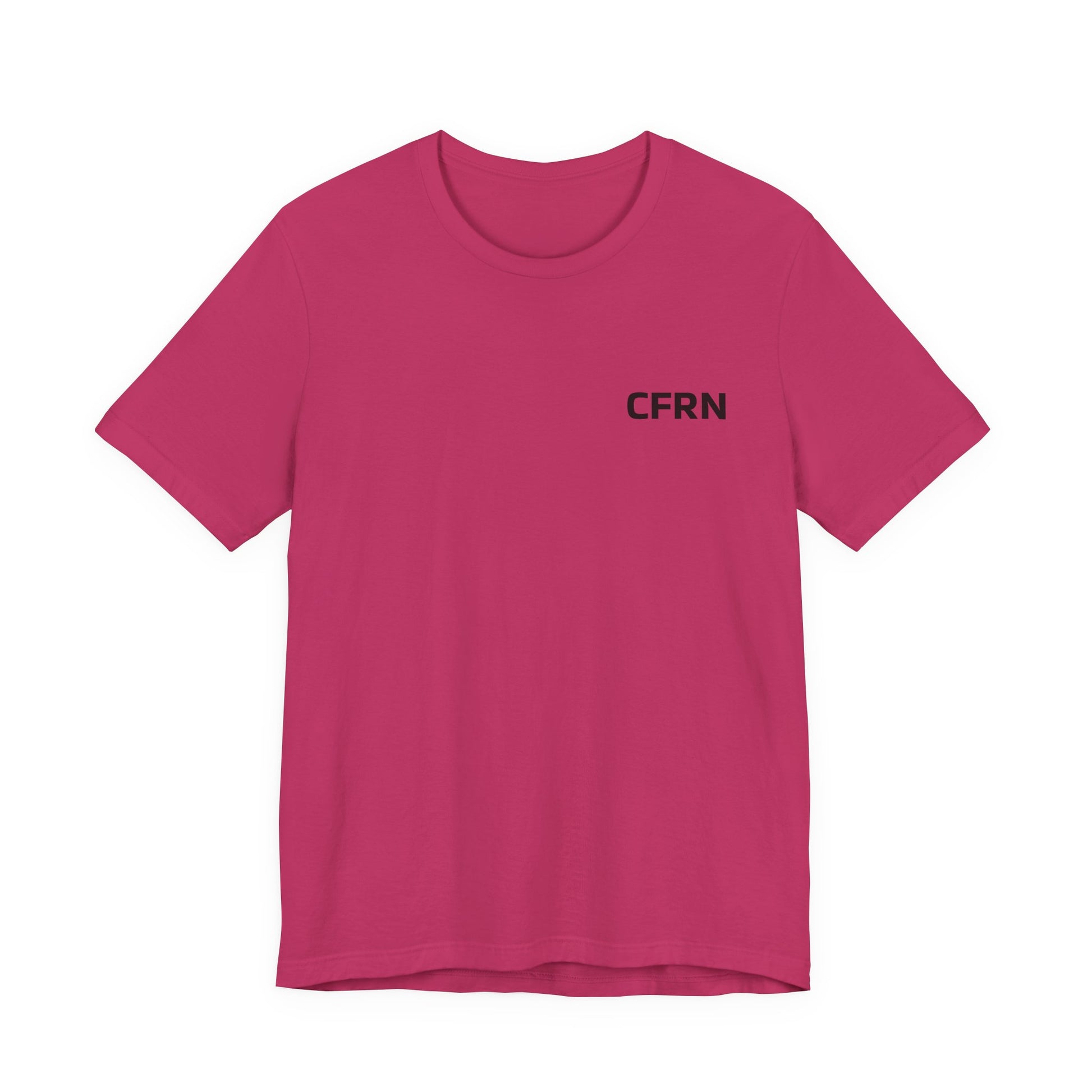 Pink t-shirt with 'CFRN' text on a white background