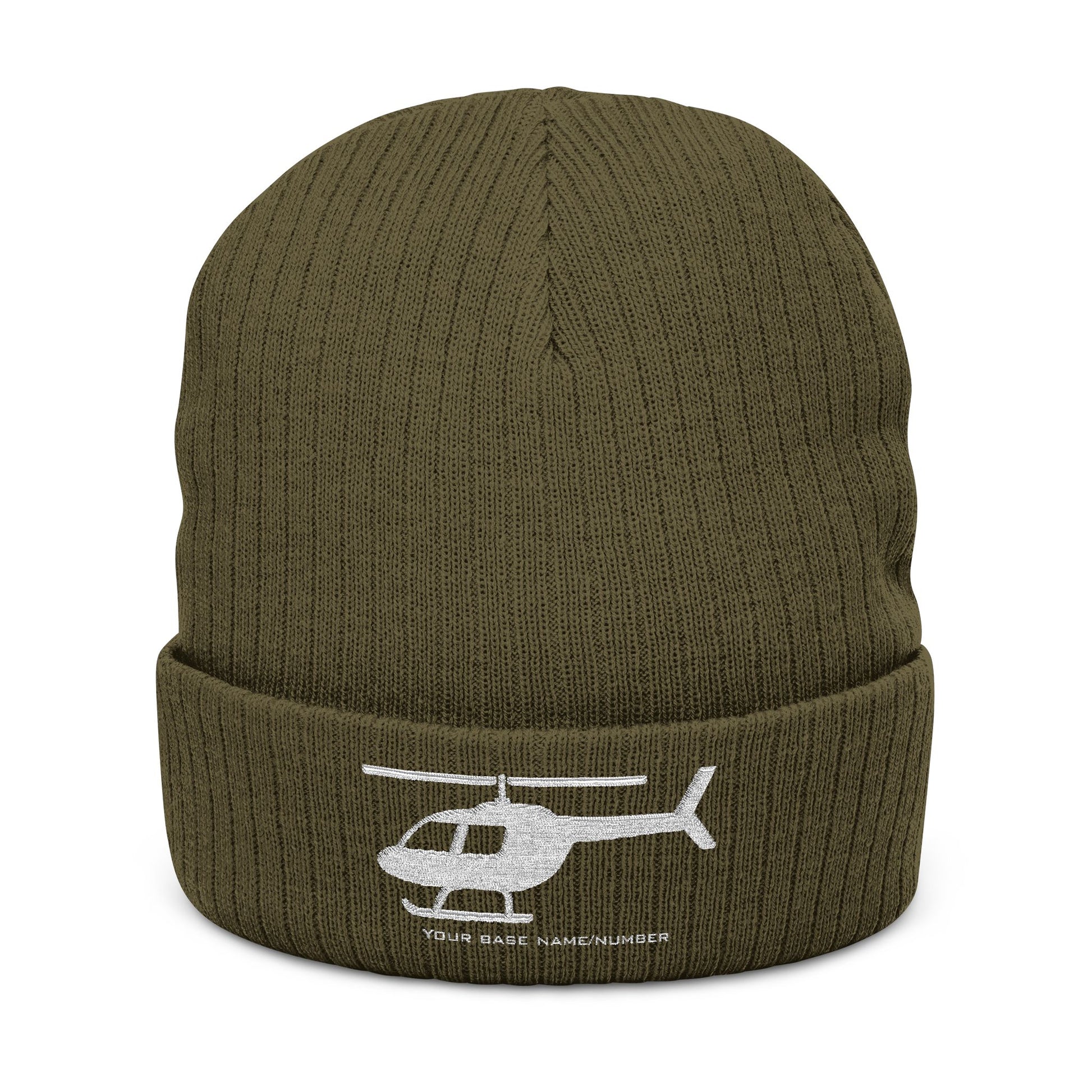 Green beanie with helicopter logo and text on a white background