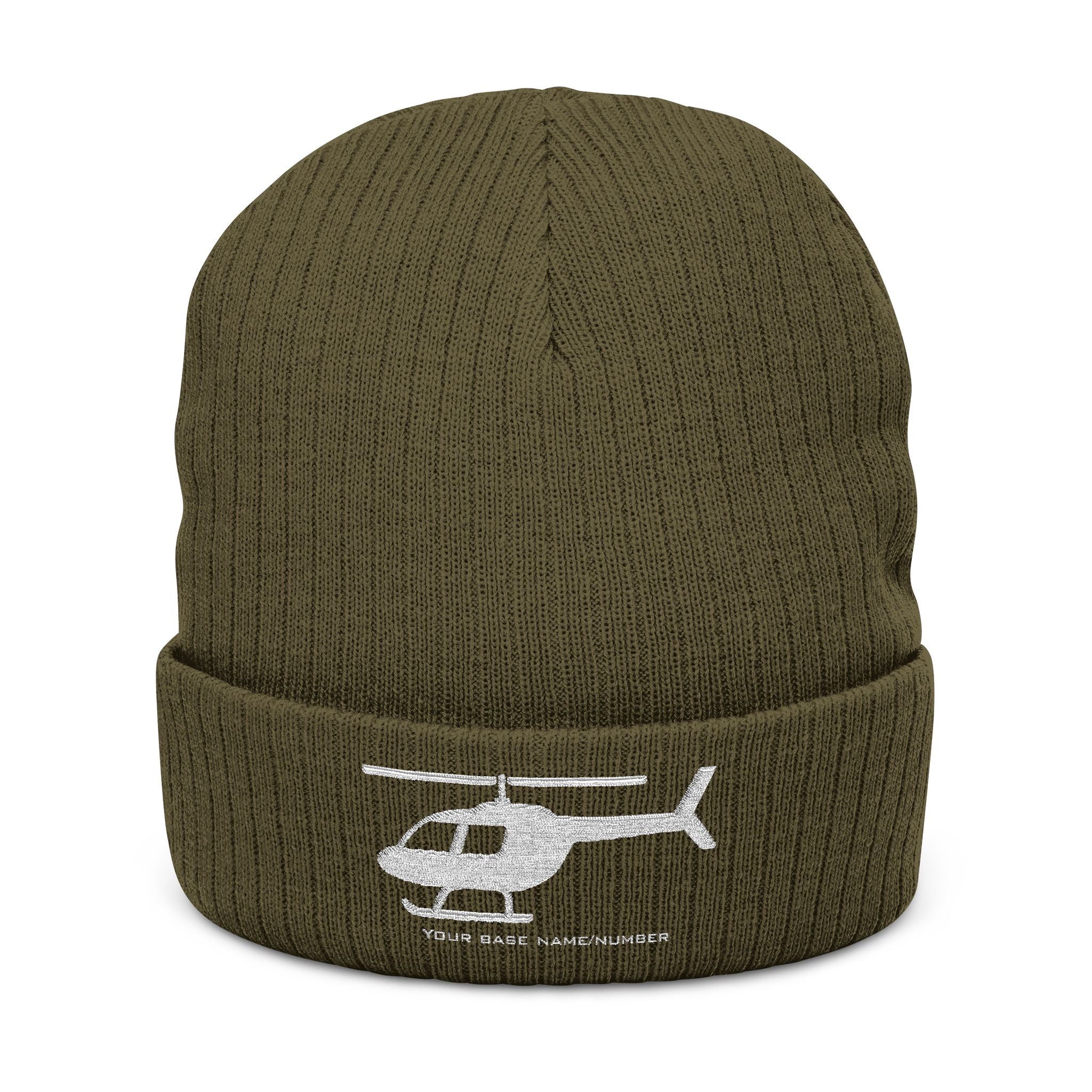 Green beanie with helicopter logo and text on a white background
