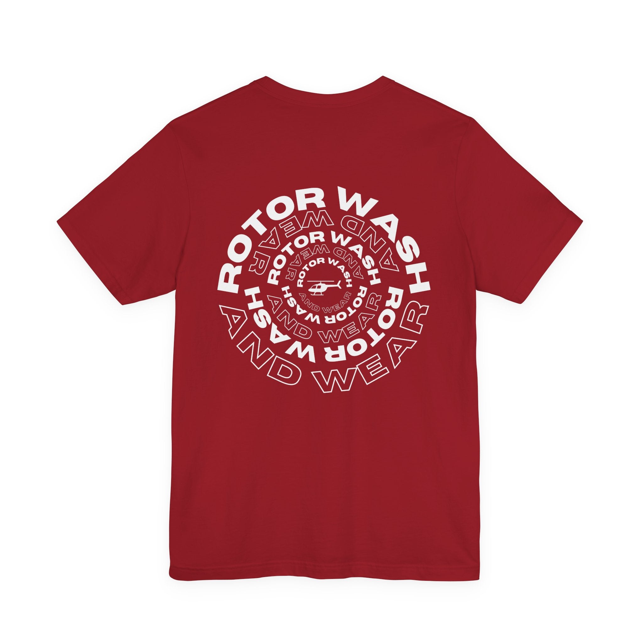 Red t-shirt with 'Rotor Wash and Wear' circular design text design on a white background