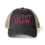 Black and beige women's trucker hat with 'Flight Crew' embroidery in dark pink by Rotor Wash & Wear