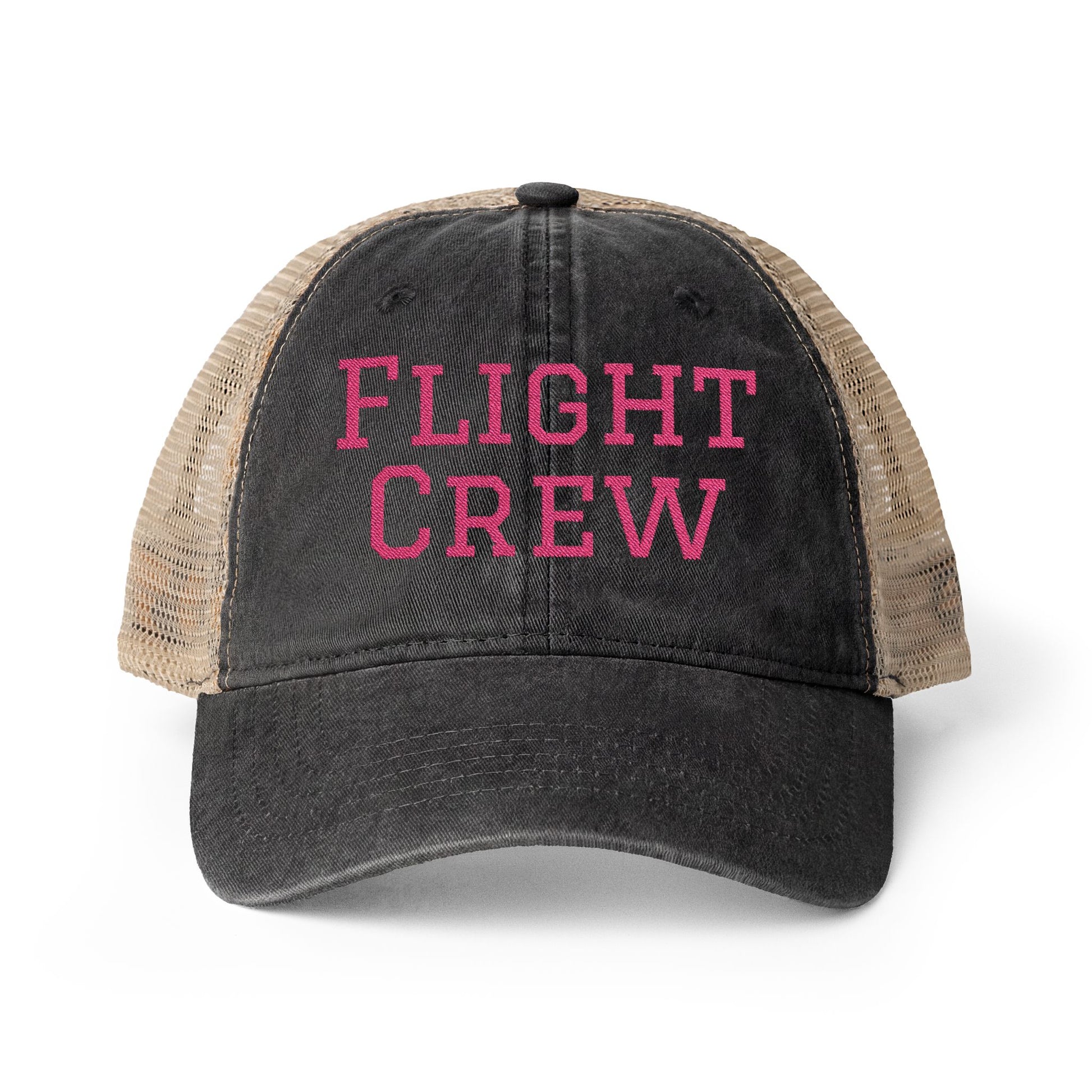 Black and beige women's trucker hat with 'Flight Crew' embroidery in dark pink by Rotor Wash & Wear