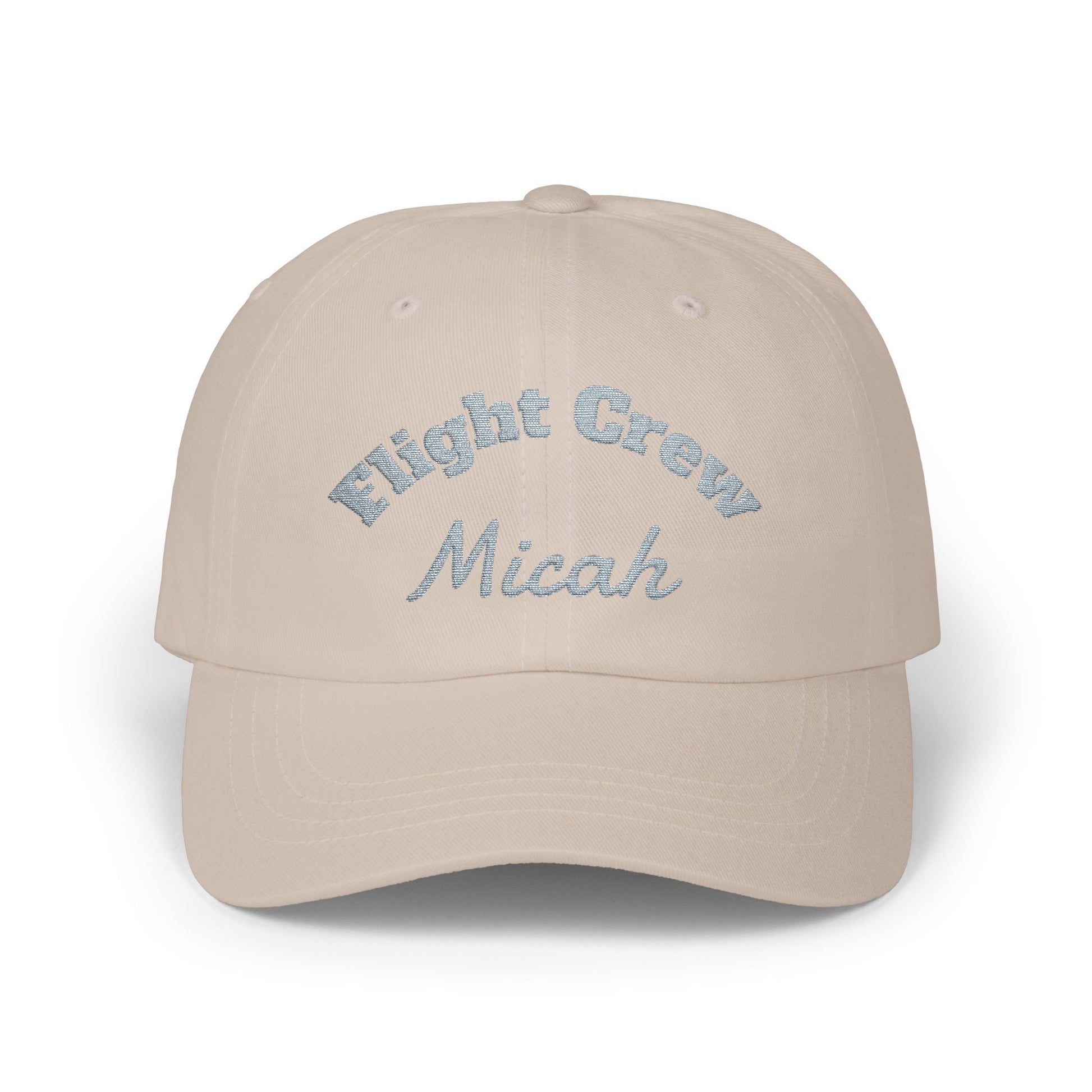 Beige cap with 'Flight Crew Micah' embroidered in light blue on a white background