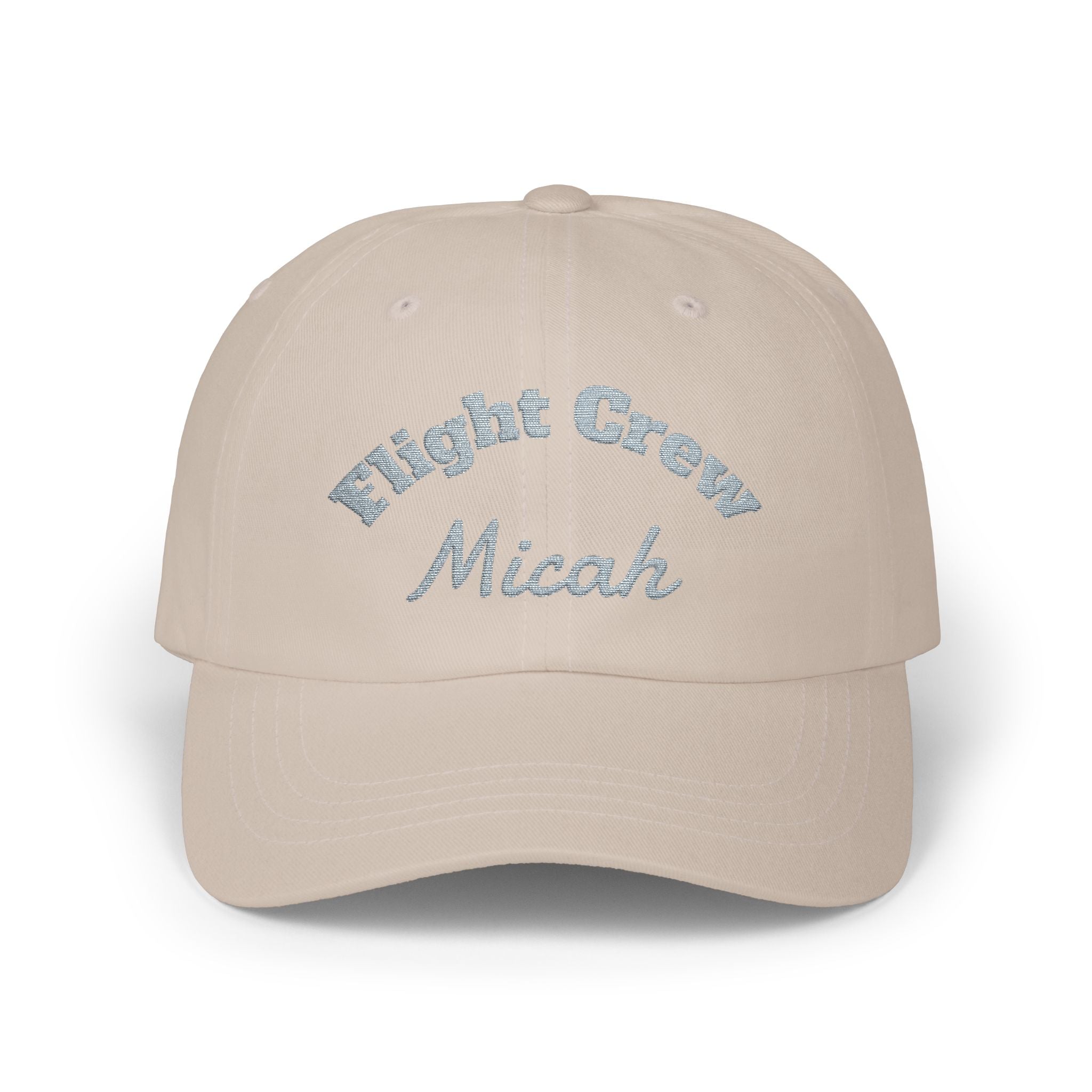 Beige cap with 'Flight Crew Micah' embroidered in light blue on a white background