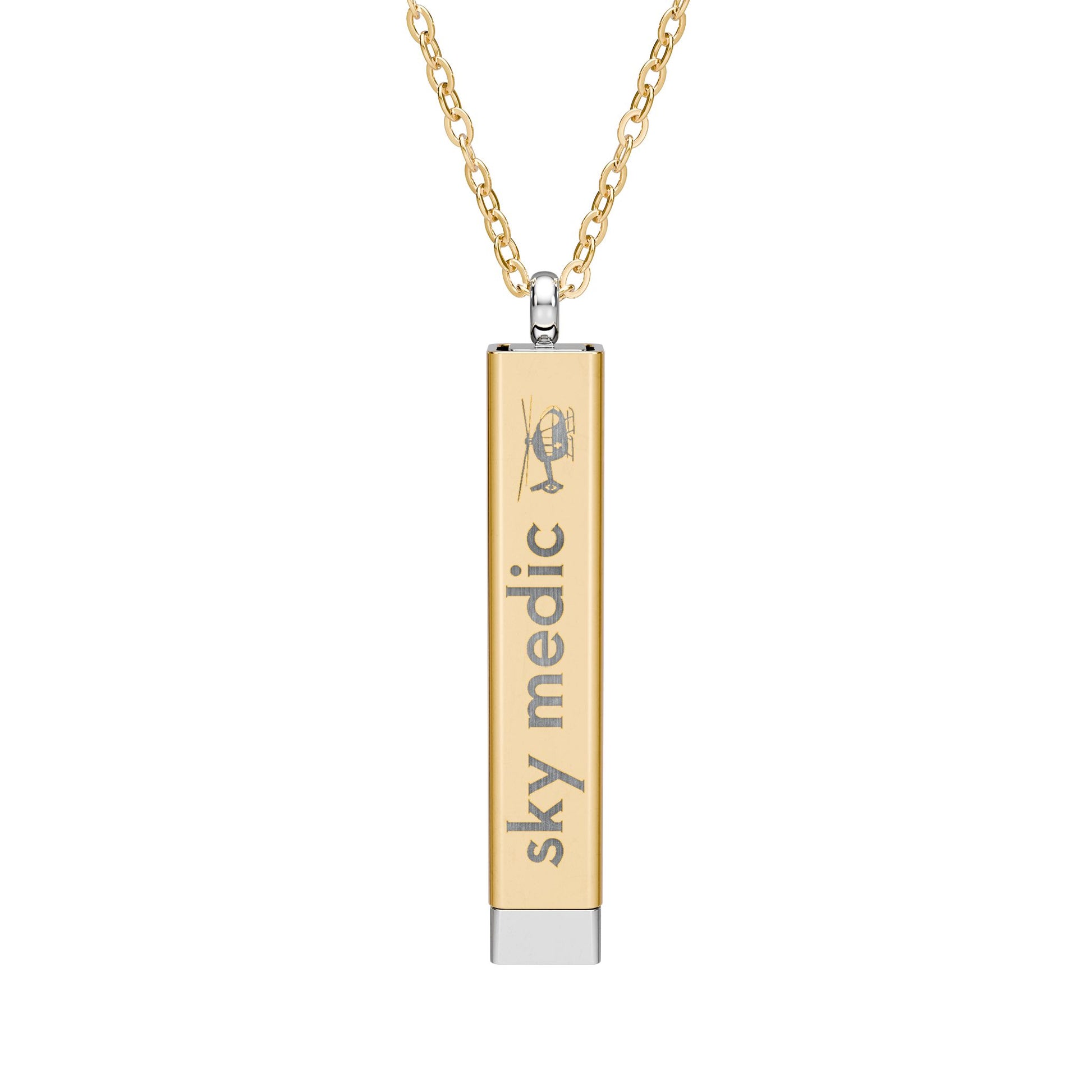 Silver and gold two-toned necklace with a cylindrical pendant engraved with 'sky medic' with hidden interior engraving "What's your superpower?" by Rotor Wash & Wear