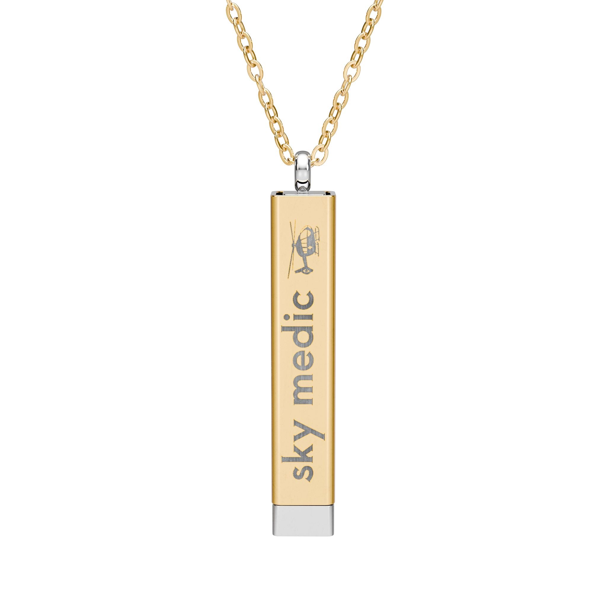 Silver and gold two-toned necklace with a cylindrical pendant engraved with 'sky medic' with hidden interior engraving "What's your superpower?" by Rotor Wash & Wear