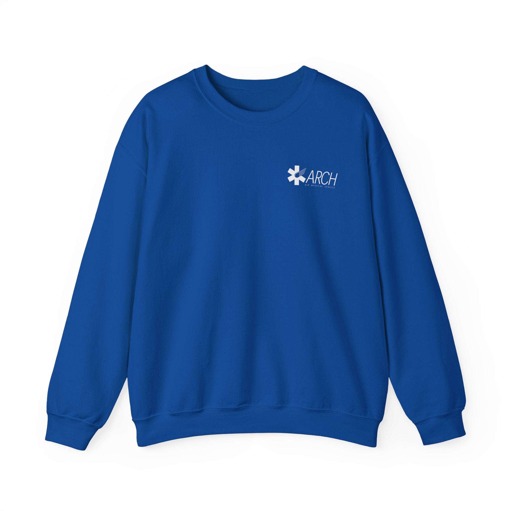 Blue crewneck sweatshirt with a small ARCH by Air Methods logo on the left chest by Rotor Wash & Wear